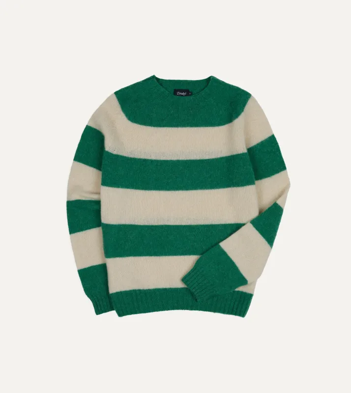Green and Ecru Stripe Brushed Shetland Crew Neck Jumper sold by Drake's London