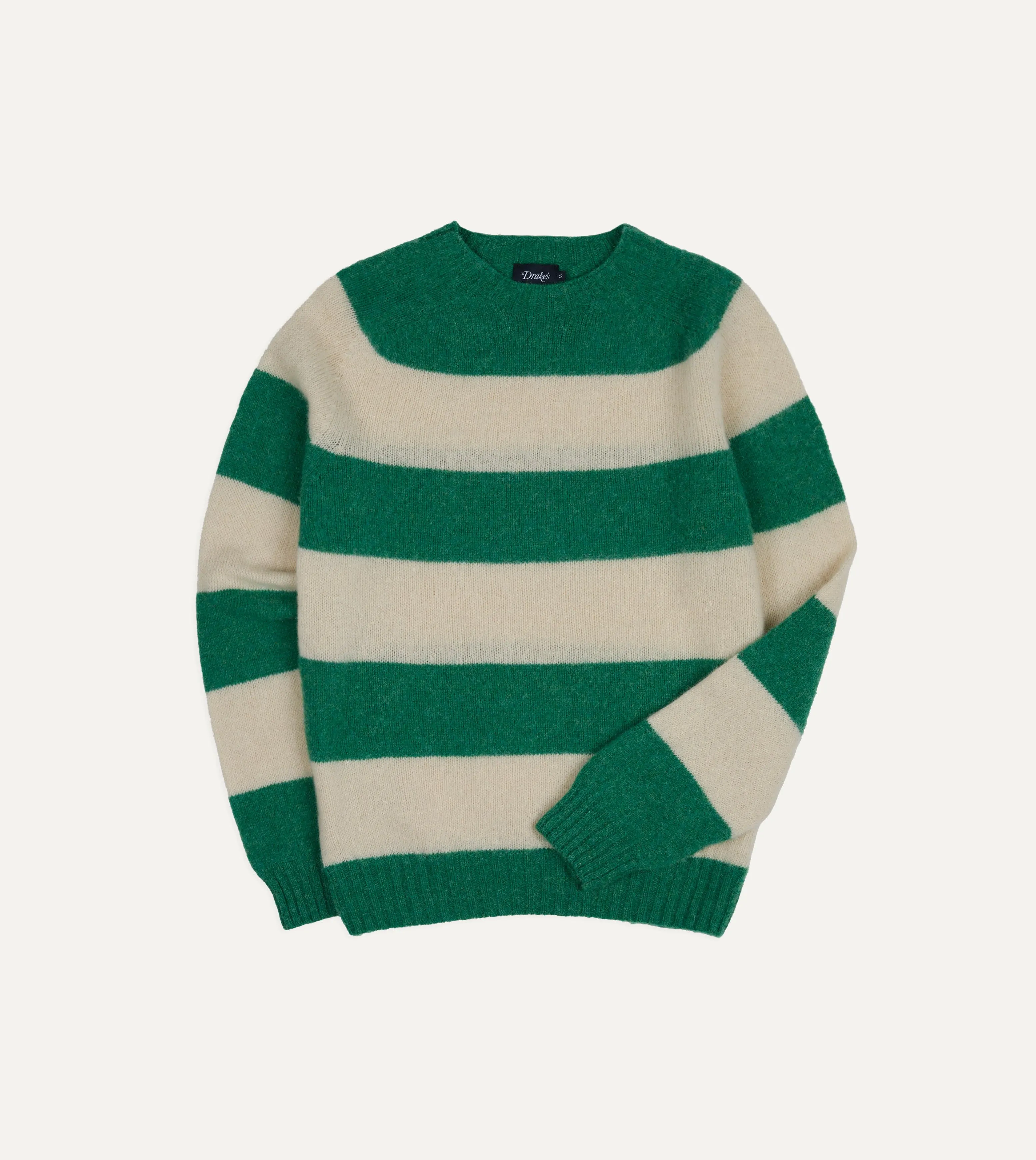 Green and Ecru Stripe Brushed Shetland Crew Neck Jumper sold by Drake's London