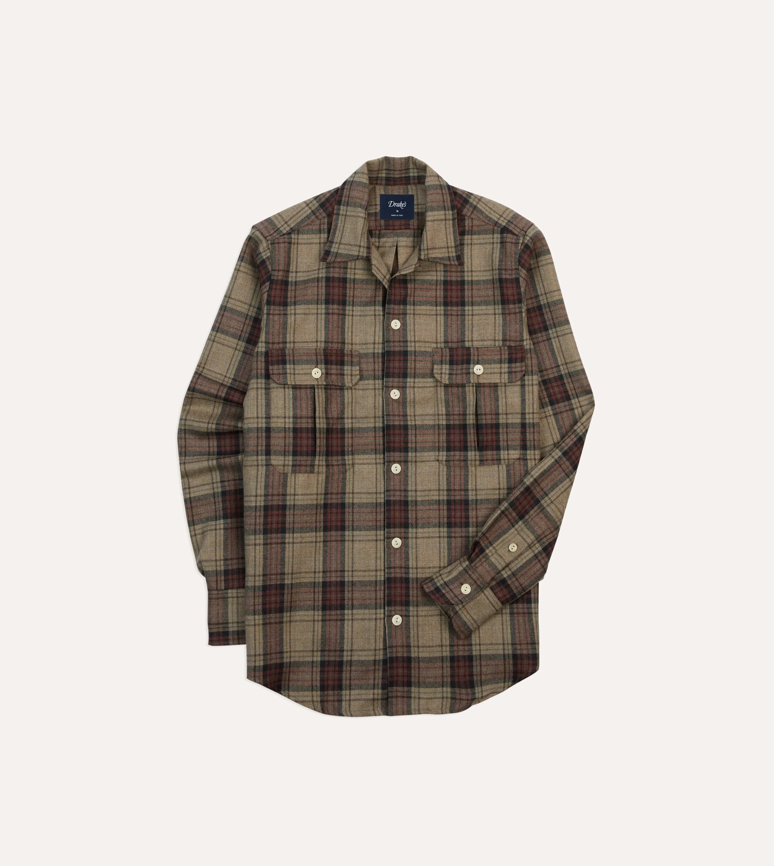 Brown Check Wool Two-Pocket Camp Collar Work Shirt sold by Drake's London