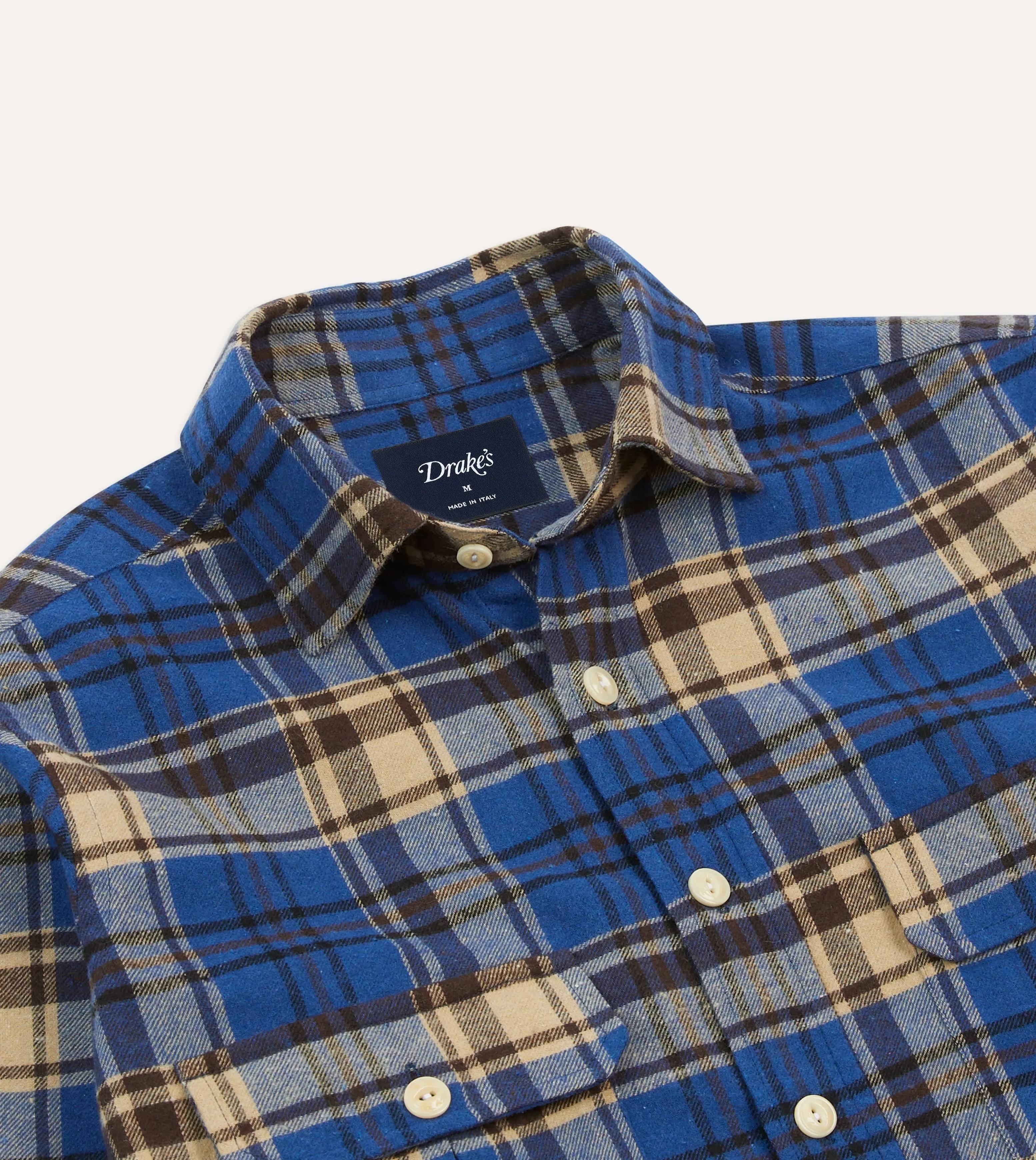 Blue and Ecru Check Brushed Cotton Two-Pocket Work Shirt sold by Drake's London product image thumbnail 3