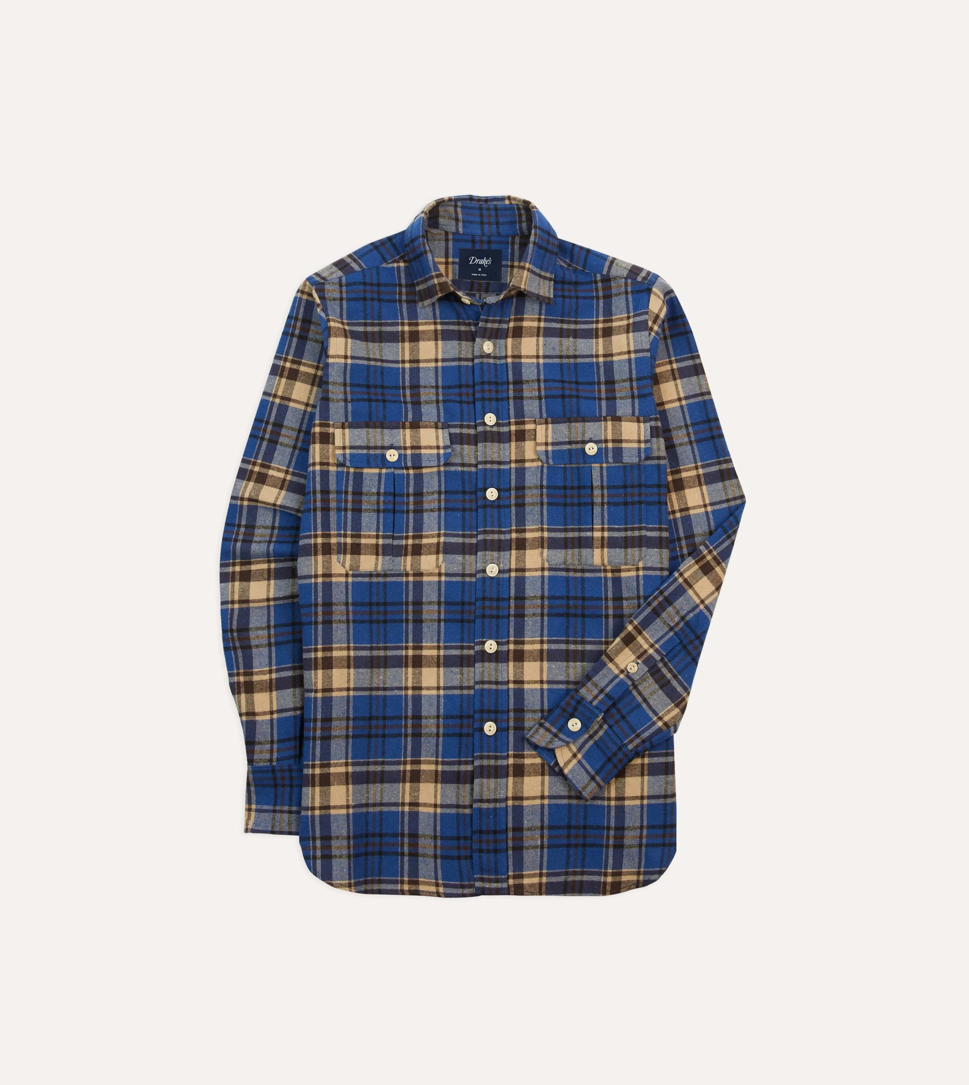 Blue and Ecru Check Brushed Cotton Two-Pocket Work Shirt sold by Drake's London