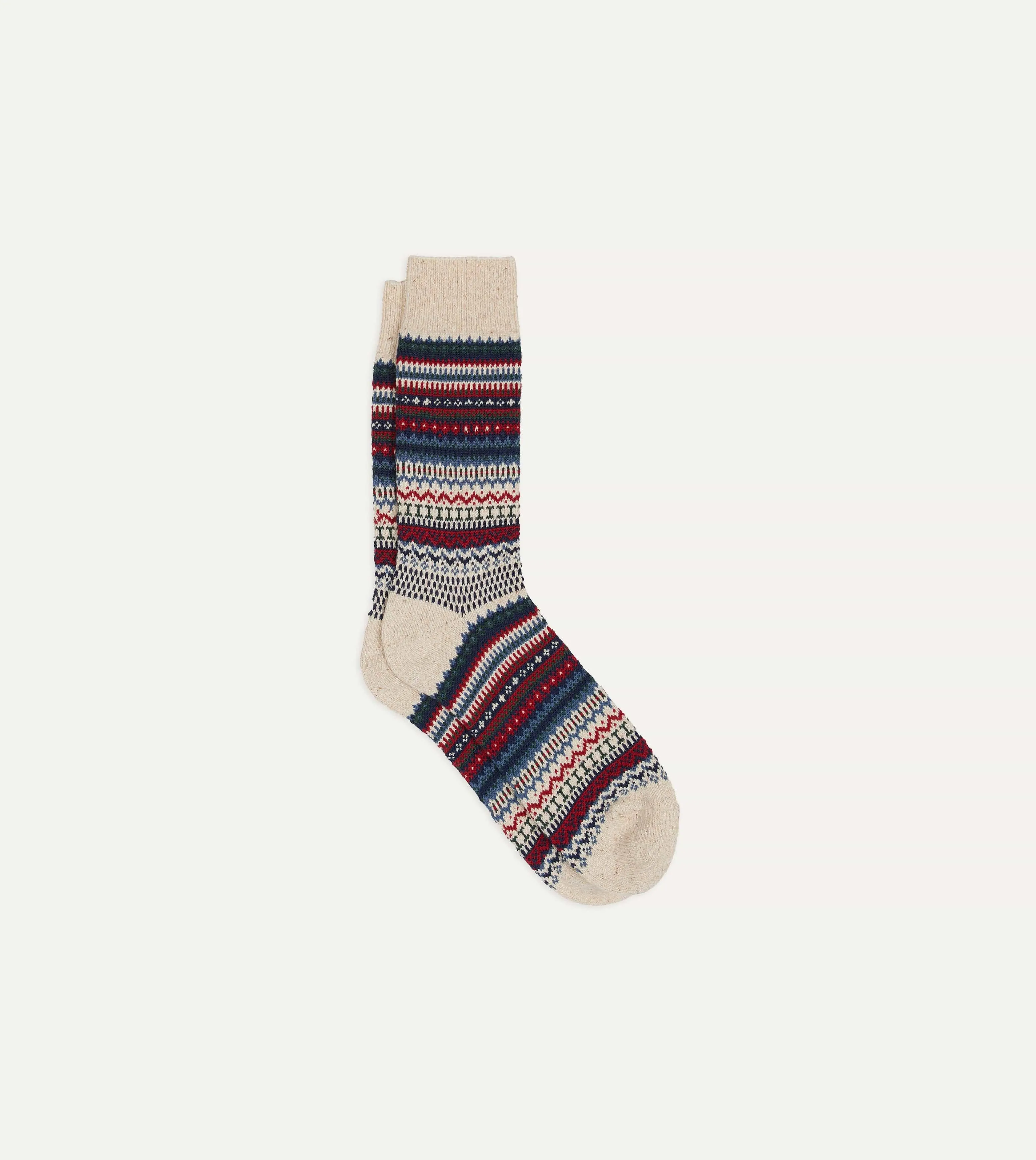 RoToTo Ecru and Navy Wool Nordic Pattern Socks sold by Drake's London