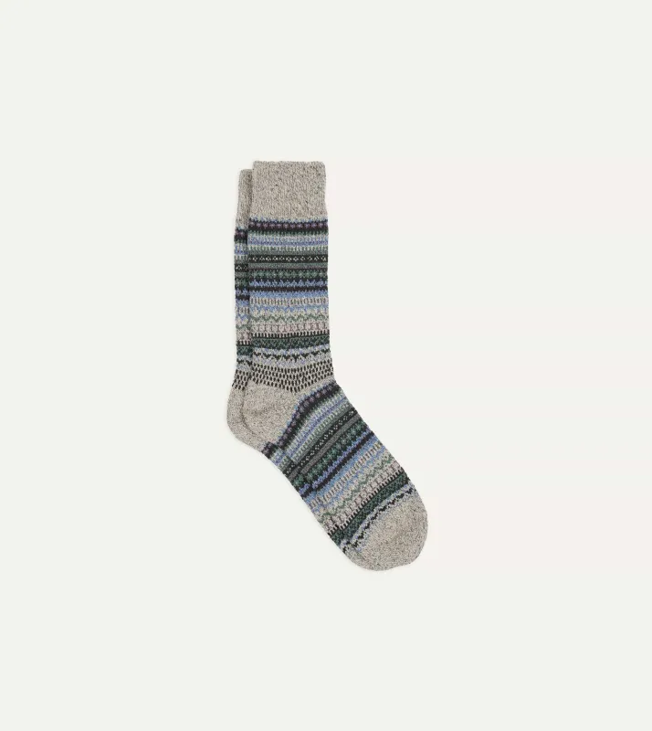 RoToTo Grey and Blue Wool Nordic Pattern Socks sold by Drake's London