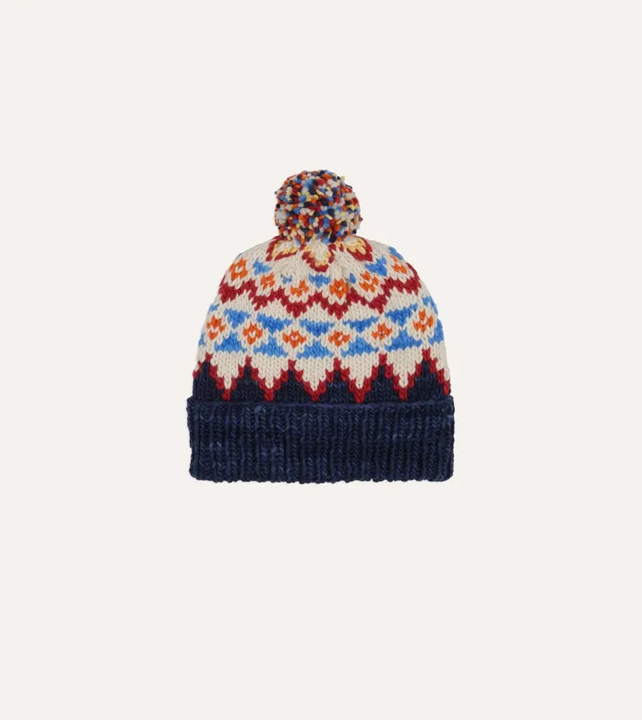 Chamula Navy Fairisle Merino Knit Cap sold by Drake's London
