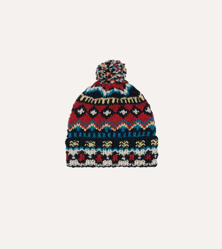 Chamula Navy, Orange and Yellow Fairisle Merino Knit Cap sold by Drake's London