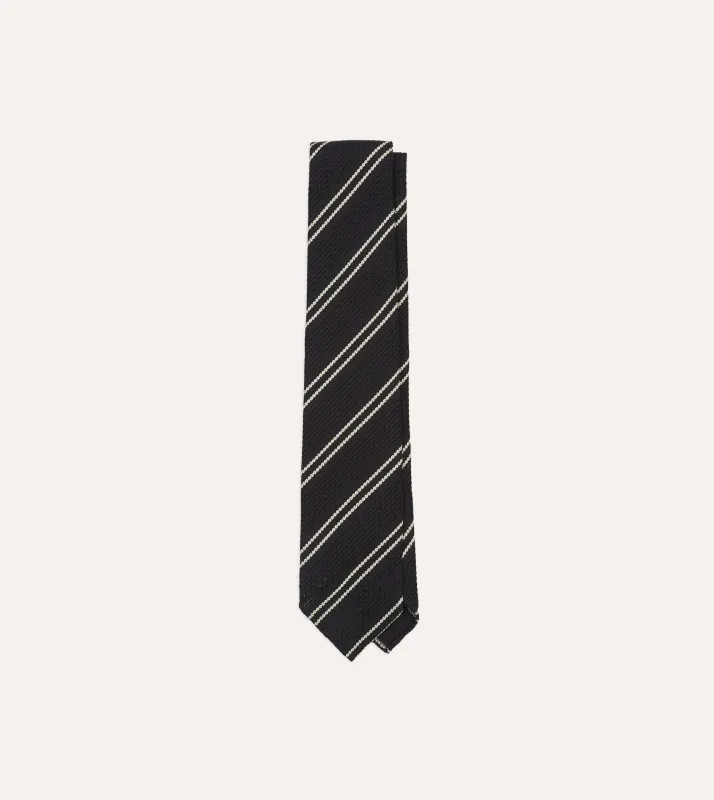 Navy Double Stripe Hand Rolled Silk Grenadine Tie sold by Drake's London