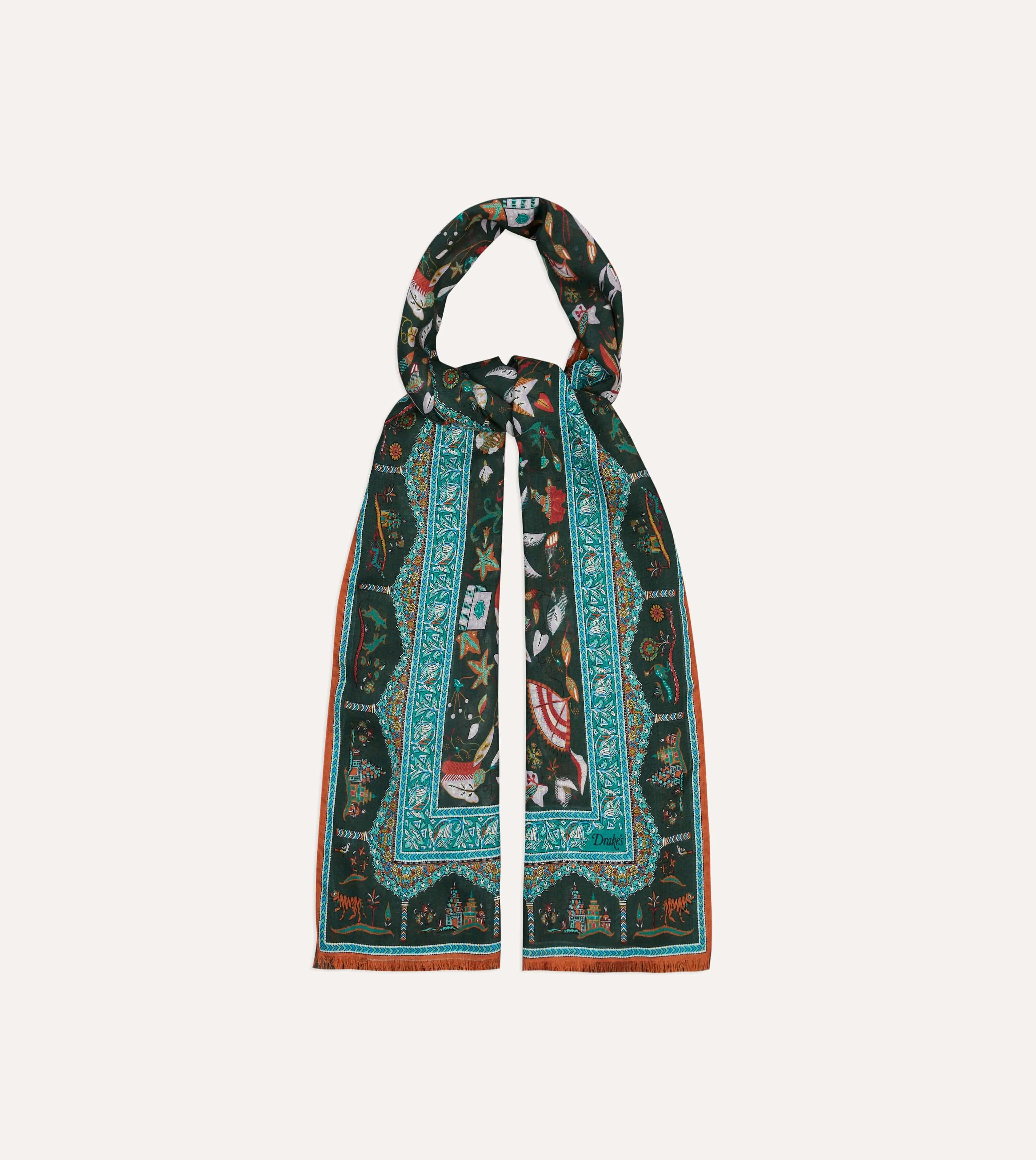 Green Classic Mughal Print Wool Silk Scarf sold by Drake's London product image thumbnail 4