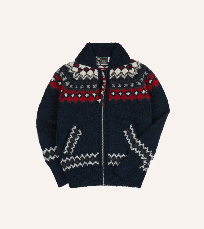 Chamula Navy and Red Fairisle Shawl Collar Cardigan sold by Drake's London