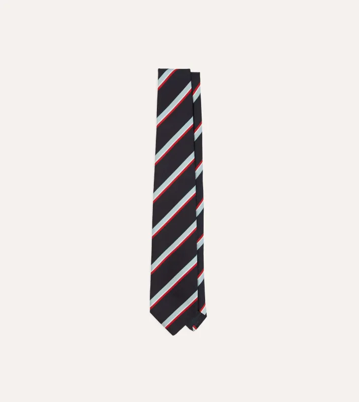 Navy, Red and Blue Multi Stripe Mogador Silk Tipped Tie sold by Drake's London