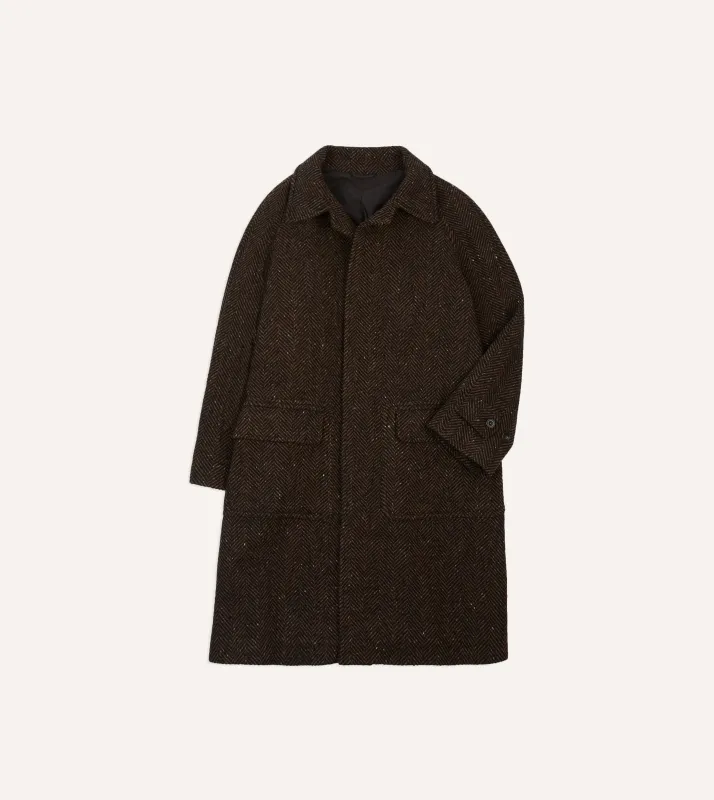 Brown Herringbone Wool Raglan Coat sold by Drake's London