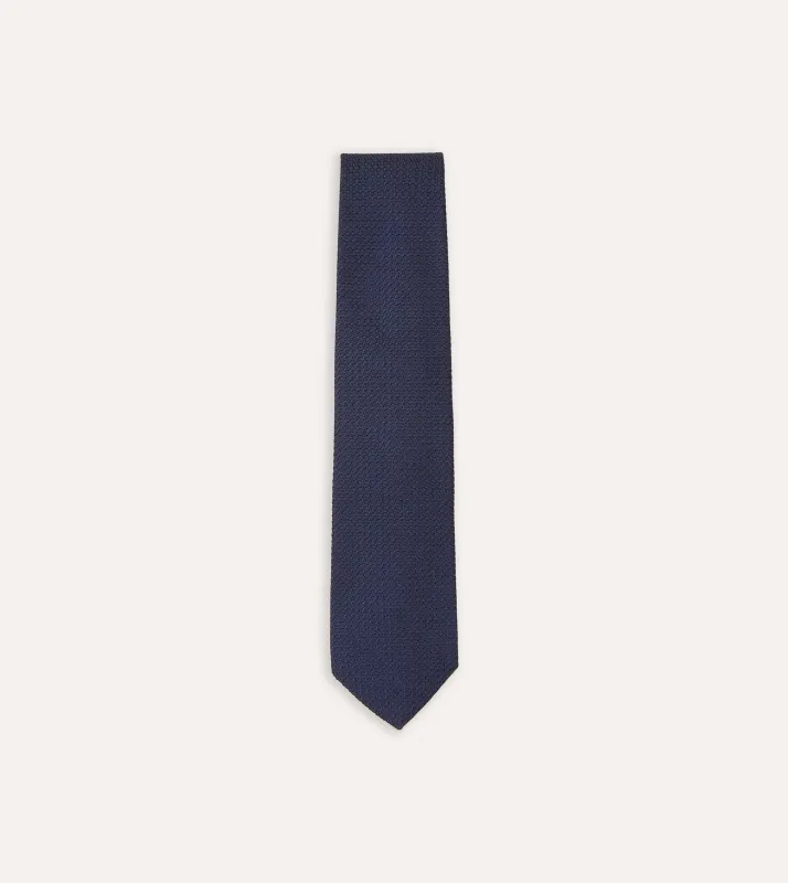 Navy Large Knot Grenadine Tipped Tie sold by Drake's London