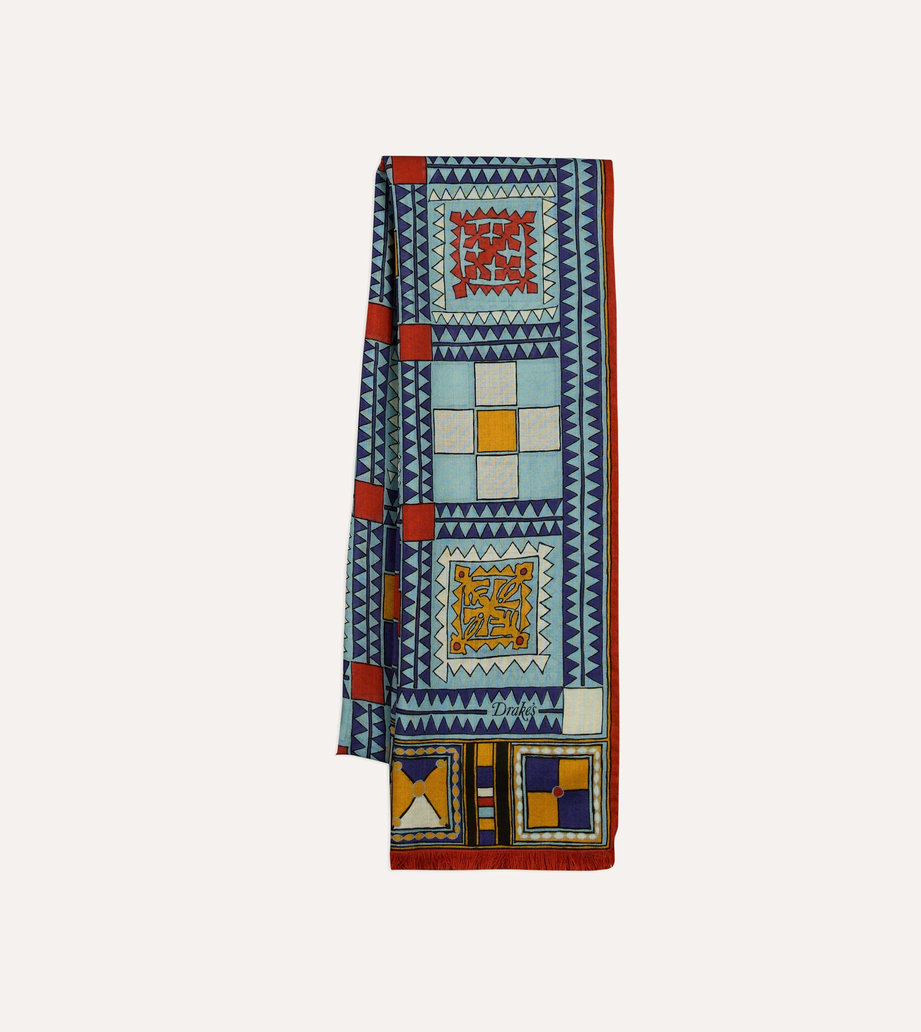 Blue Geometric Print Wool Silk Scarf sold by Drake's London