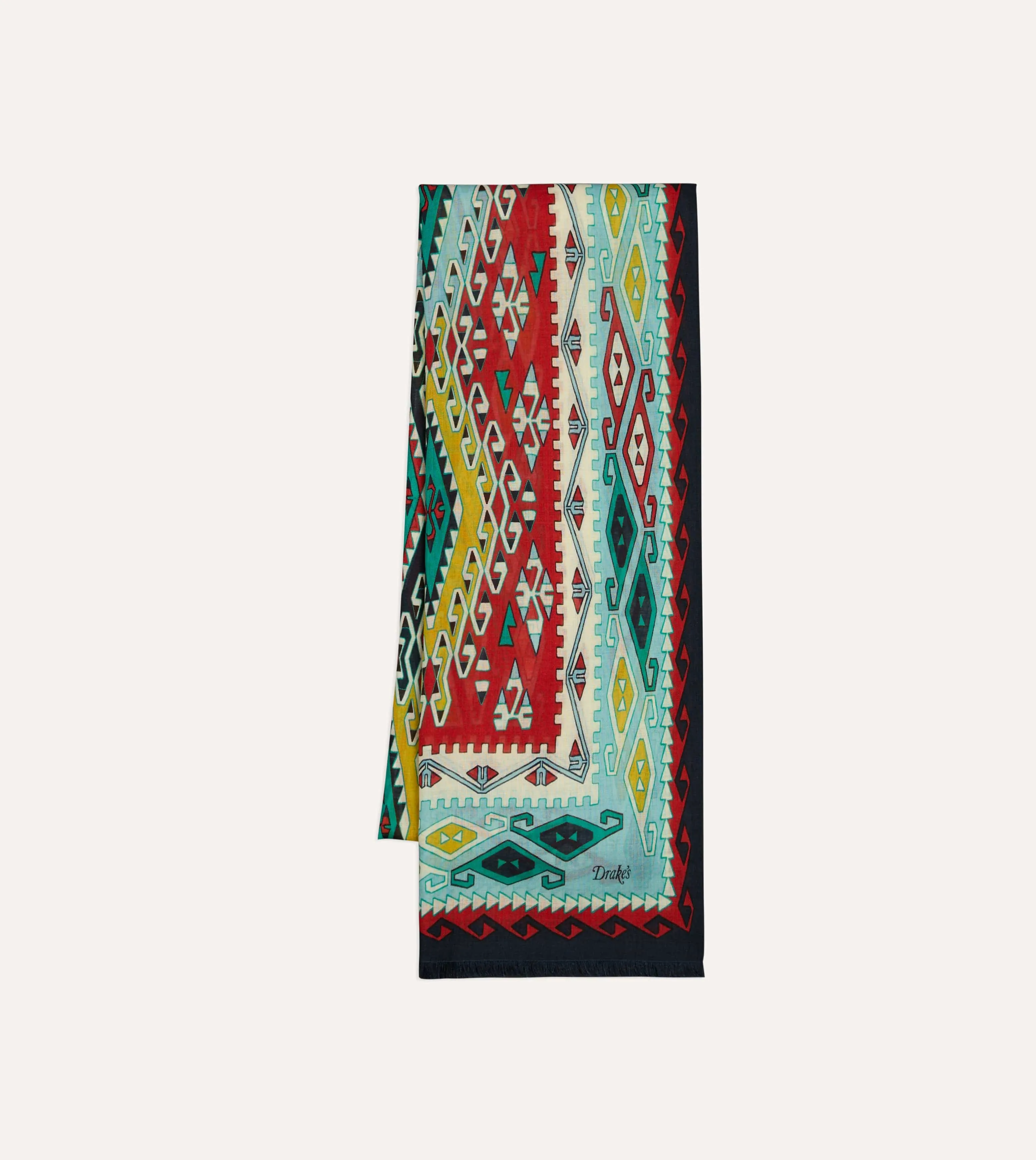 Navy Kilim Print Tubular Wool Silk Scarf sold by Drake's London