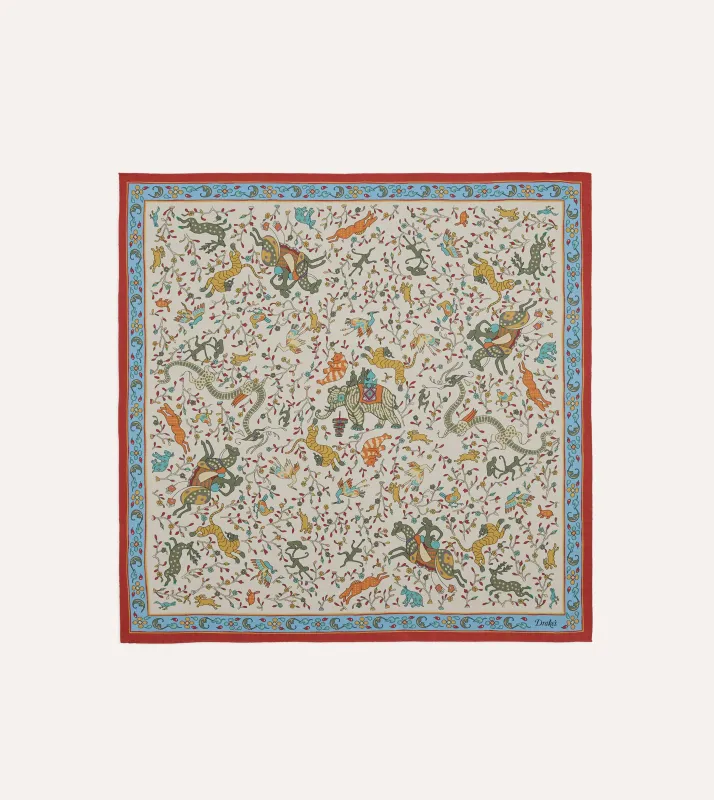 Ecru Animals and Flowers Print Silk Bandana sold by Drake's London