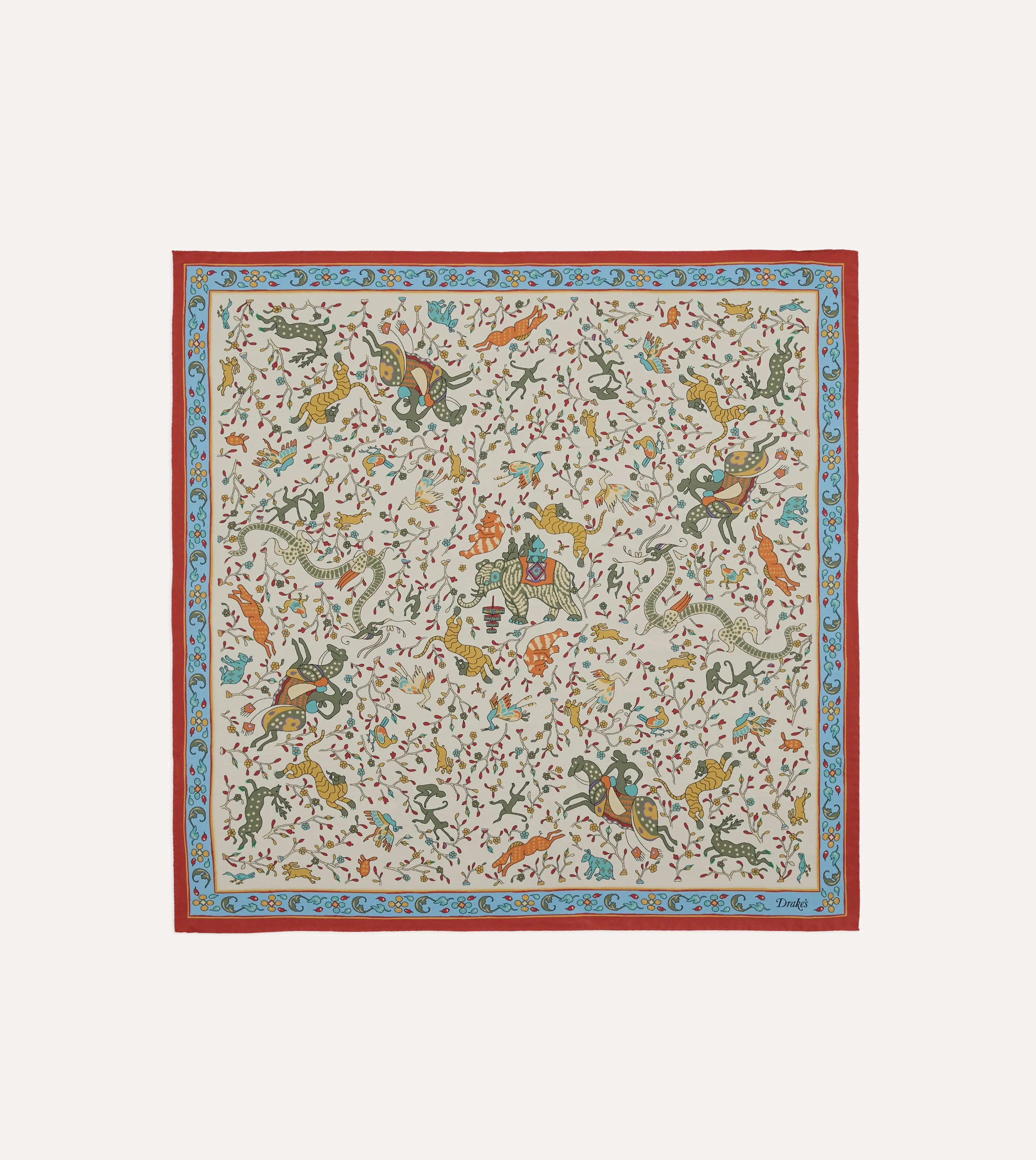 Ecru Animals and Flowers Print Silk Bandana sold by Drake's London