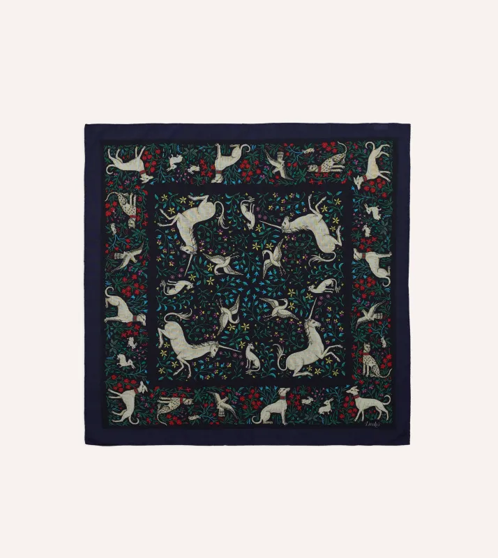 Navy Unicorn Print Wool-Silk Bandana sold by Drake's London