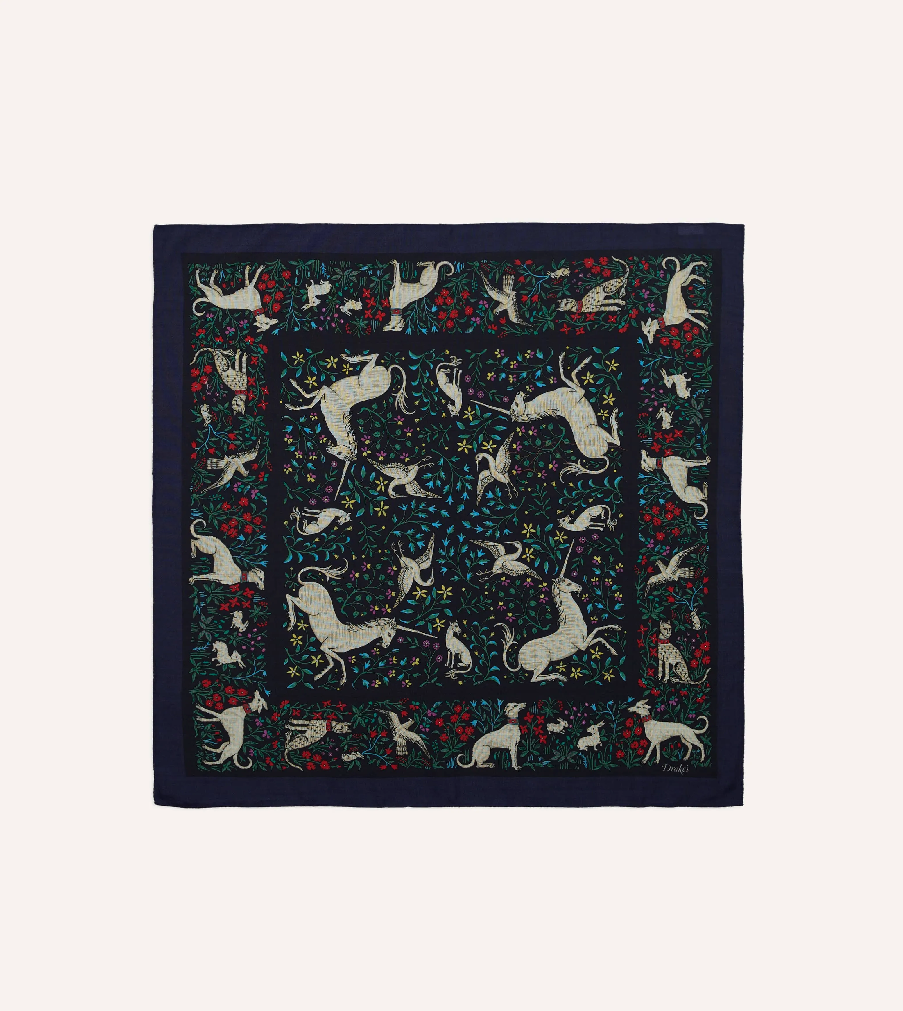 Navy Unicorn Print Wool-Silk Bandana sold by Drake's London