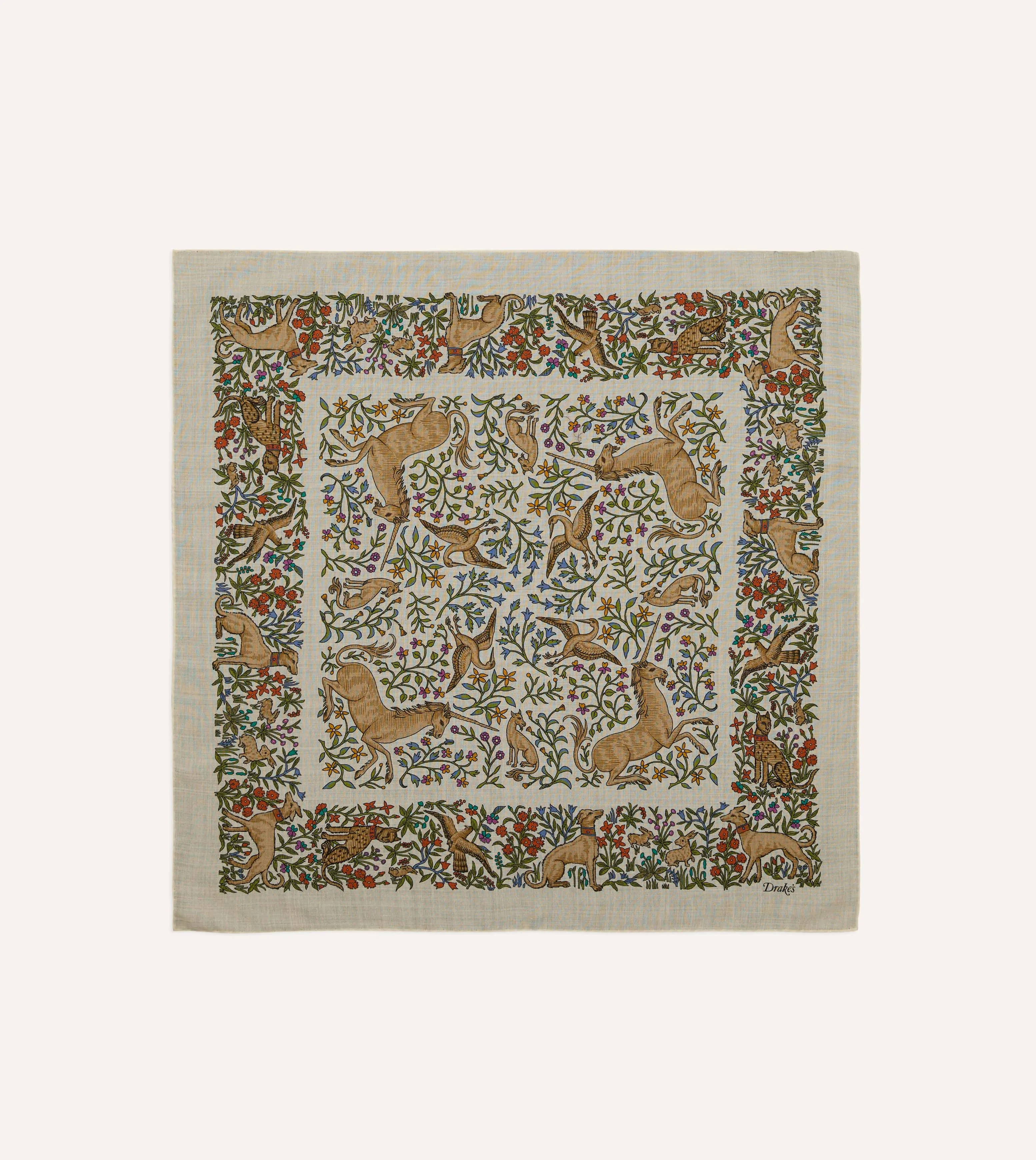 Ecru Unicorn Print Wool-Silk Bandana sold by Drake's London
