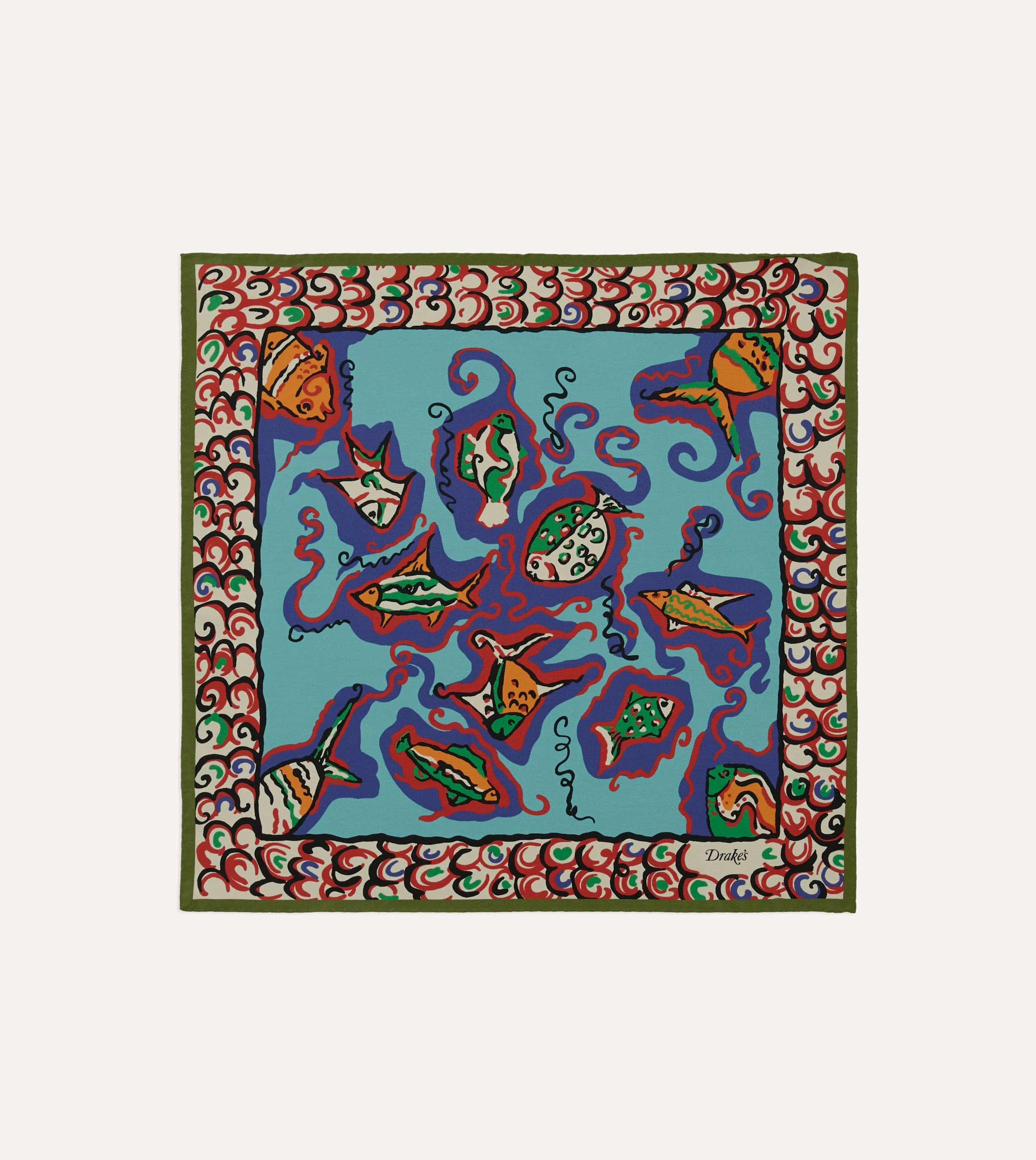 Teal Fish Print Silk Pocket Square sold by Drake's London