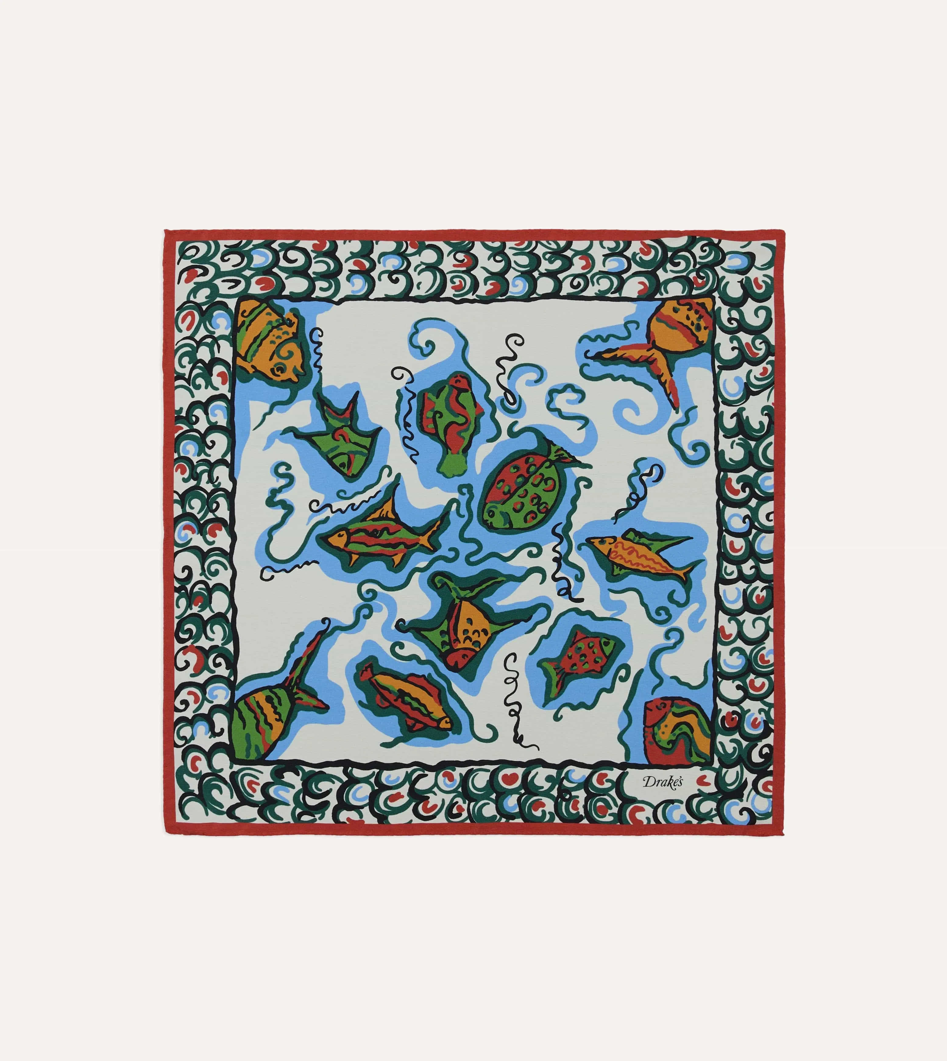 Ecru Fish Print Silk Pocket Square sold by Drake's London