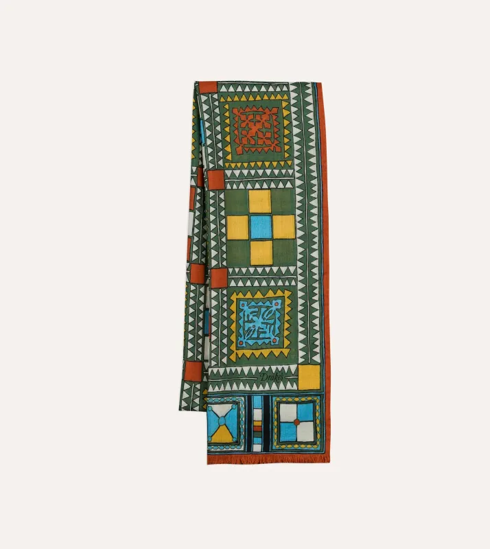 Green Geometric Print Wool Silk Scarf sold by Drake's London