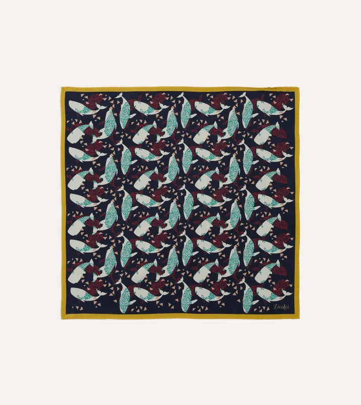 Navy Whale Print Silk Pocket Square sold by Drake's London