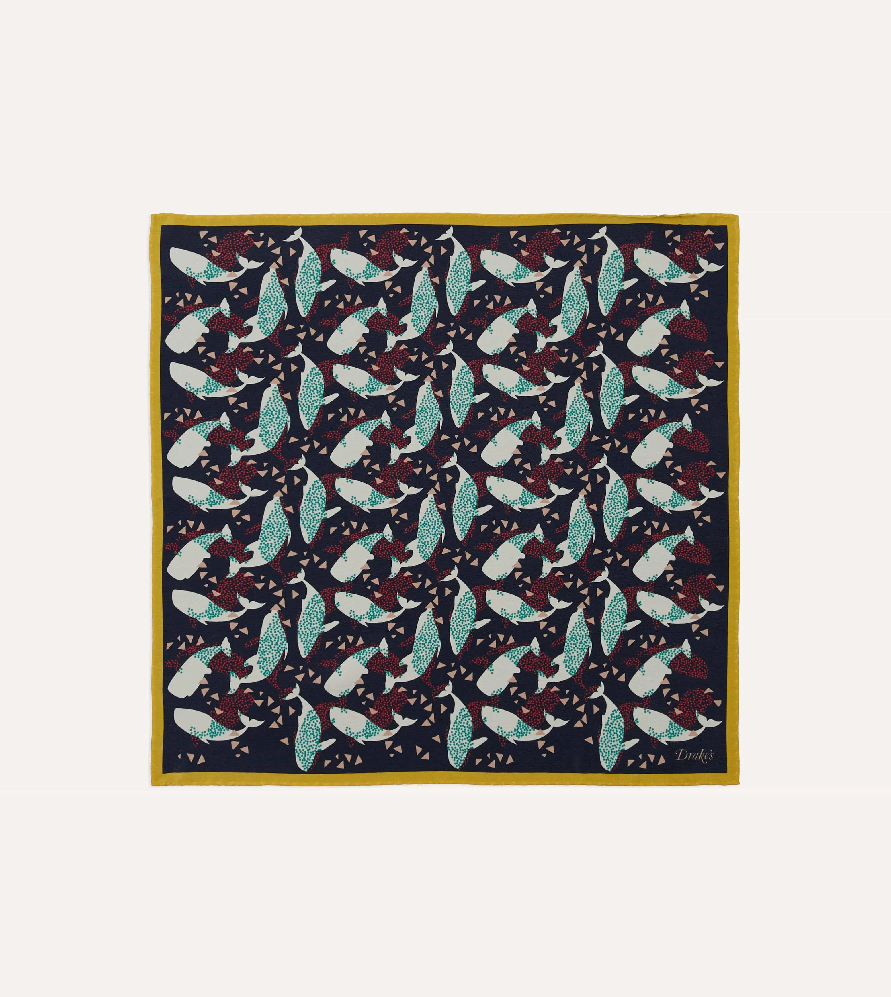 Navy Whale Print Silk Pocket Square sold by Drake's London