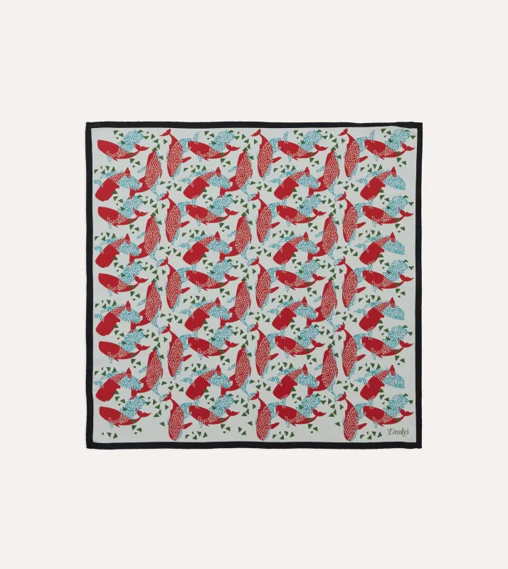 Ecru Whale Print Silk Pocket Square sold by Drake's London