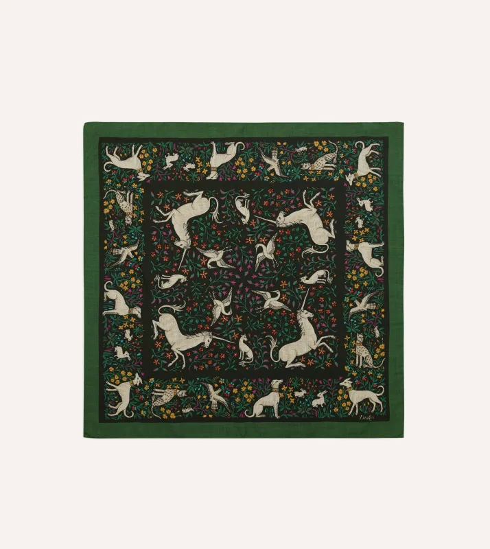 Green Unicorn Print Wool-Silk Bandana made by Drake's London