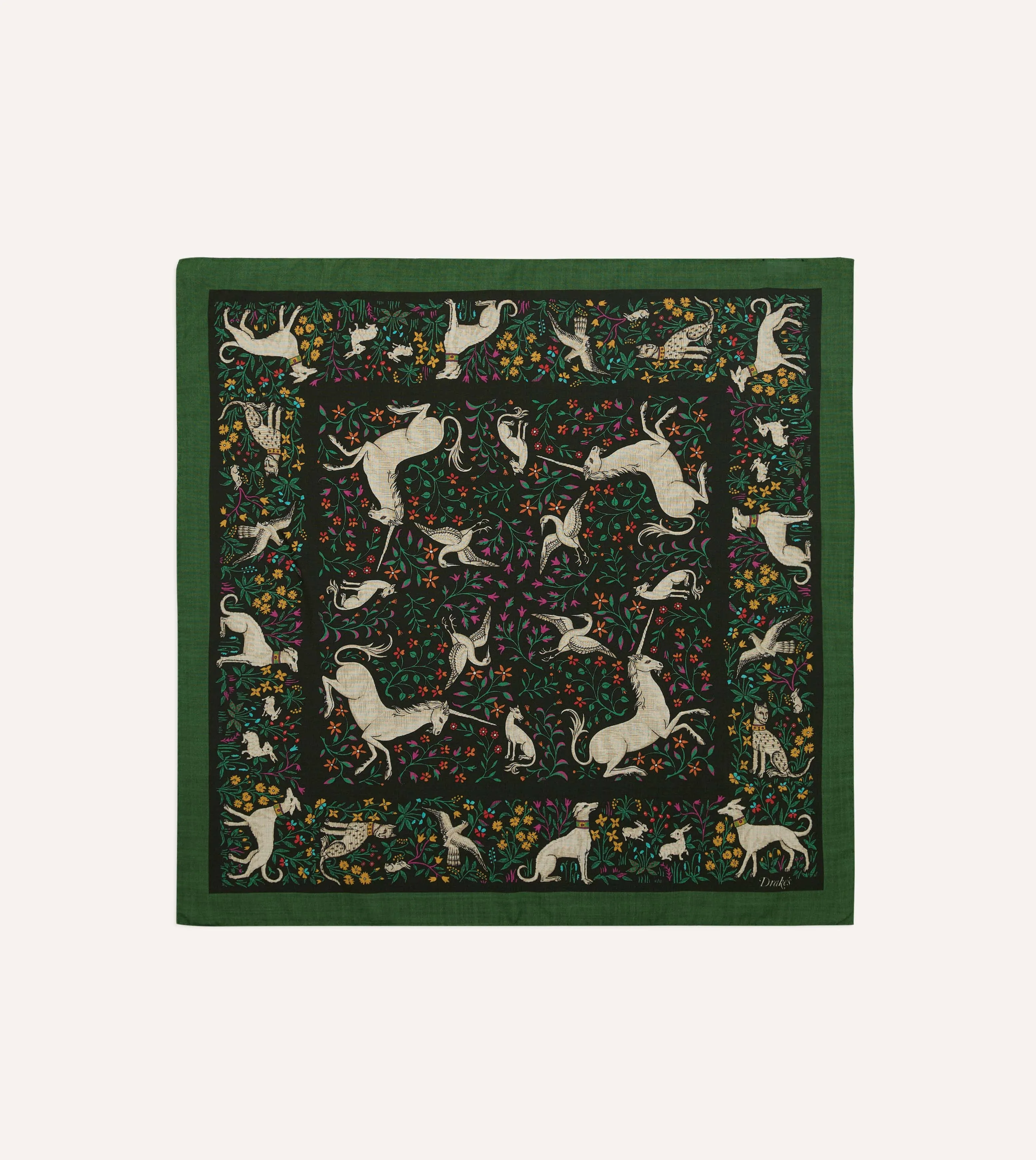 Green Unicorn Print Wool-Silk Bandana sold by Drake's London