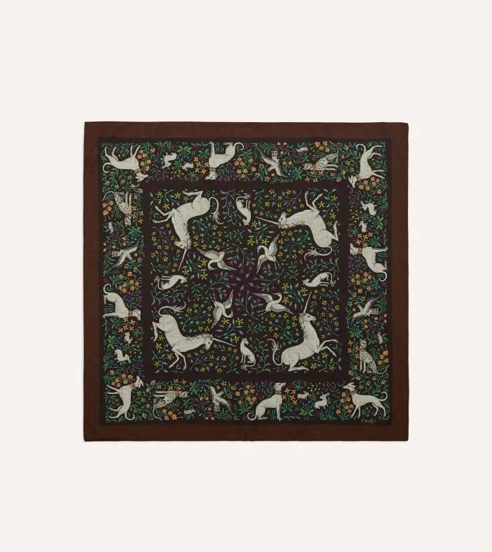 Brown Unicorn Print Wool-Silk Bandana made by Drake's London