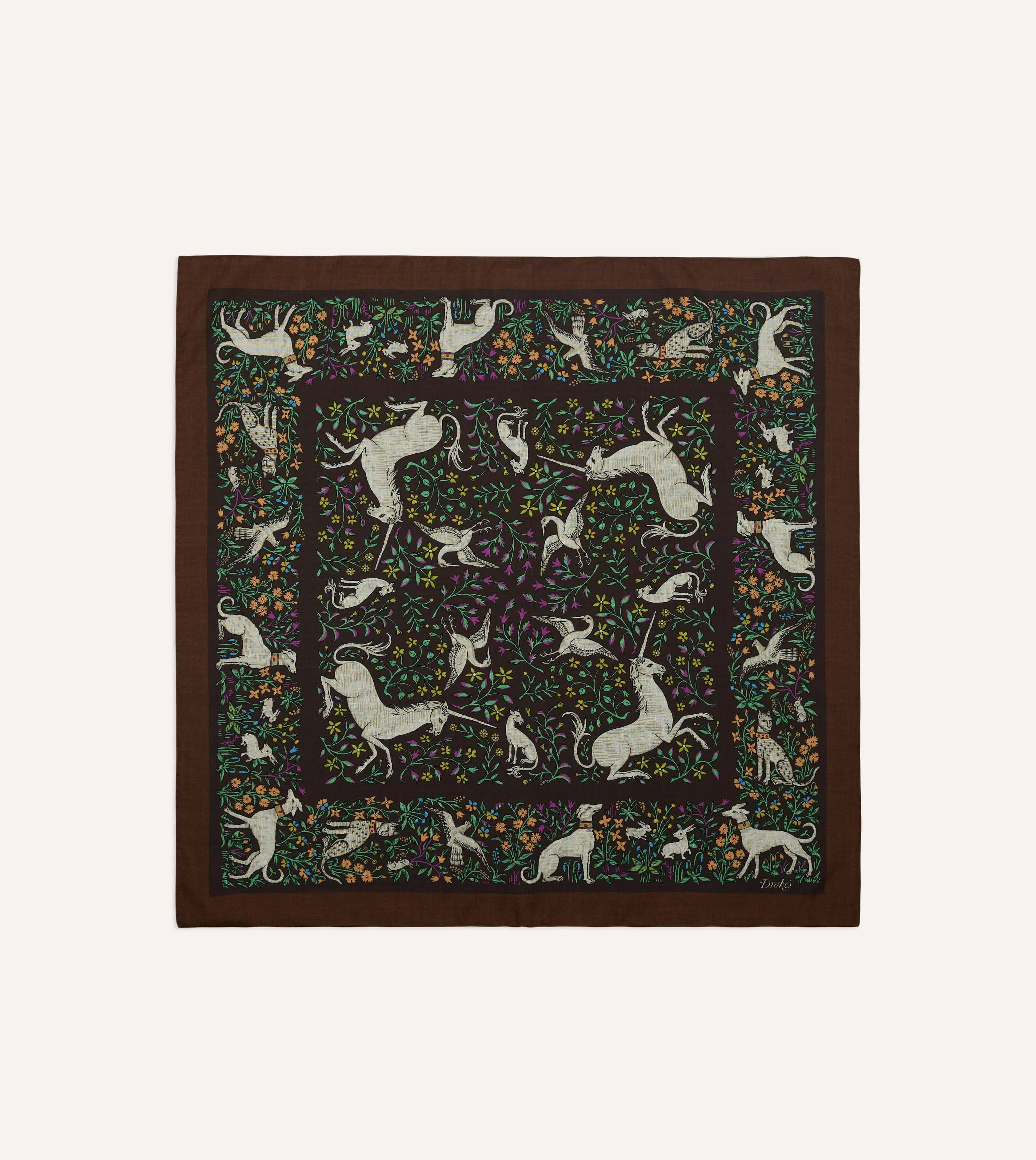 Brown Unicorn Print Wool-Silk Bandana sold by Drake's London