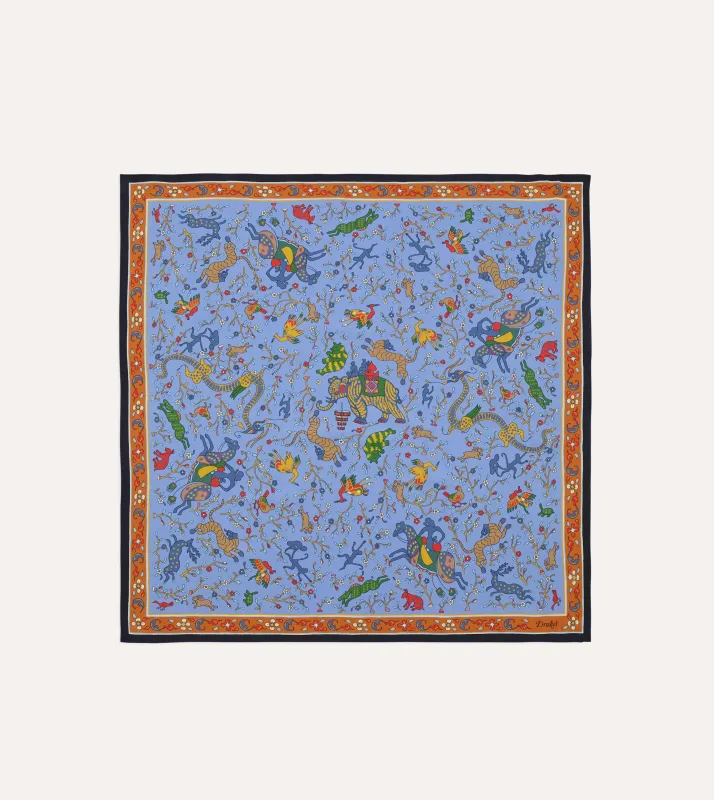 Blue Animals and Flowers Print Silk Bandana made by Drake's London