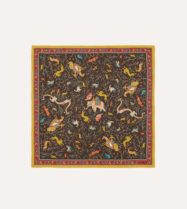 Brown Animals and Flowers Print Silk Bandana made by Drake's London