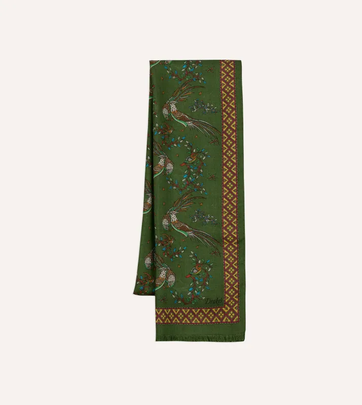 Olive Birds of Paradise Print Wool Silk Scarf sold by Drake's London