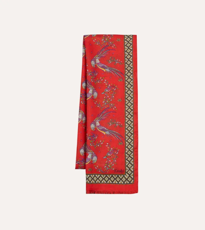 Red Birds of Paradise Print Wool Silk Scarf sold by Drake's London