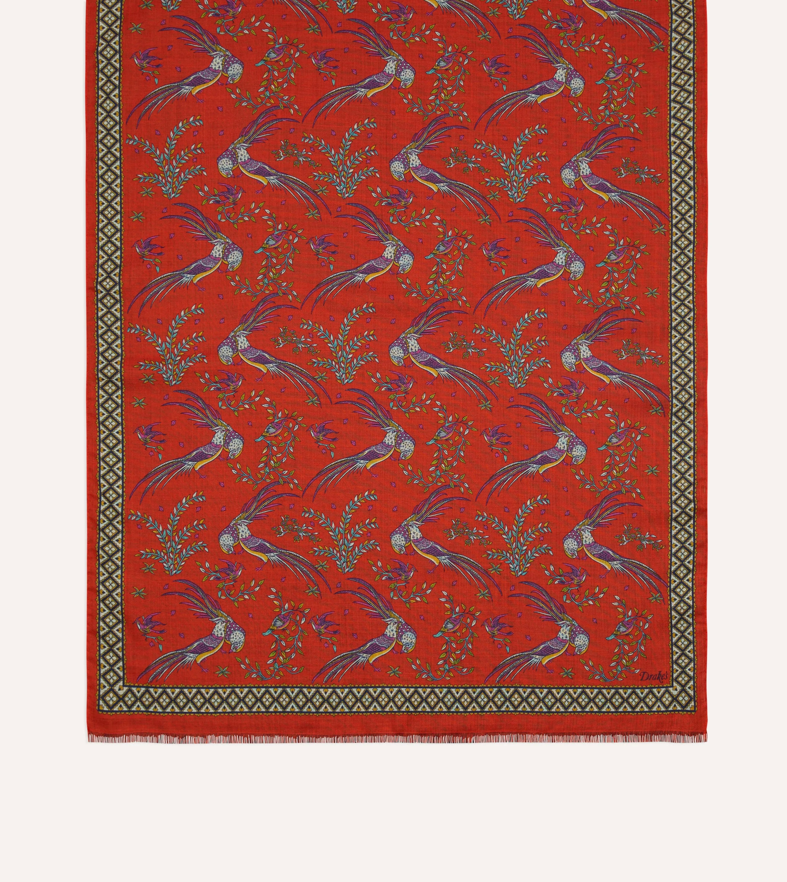 Red Birds of Paradise Print Wool Silk Scarf sold by Drake's London product image thumbnail 3