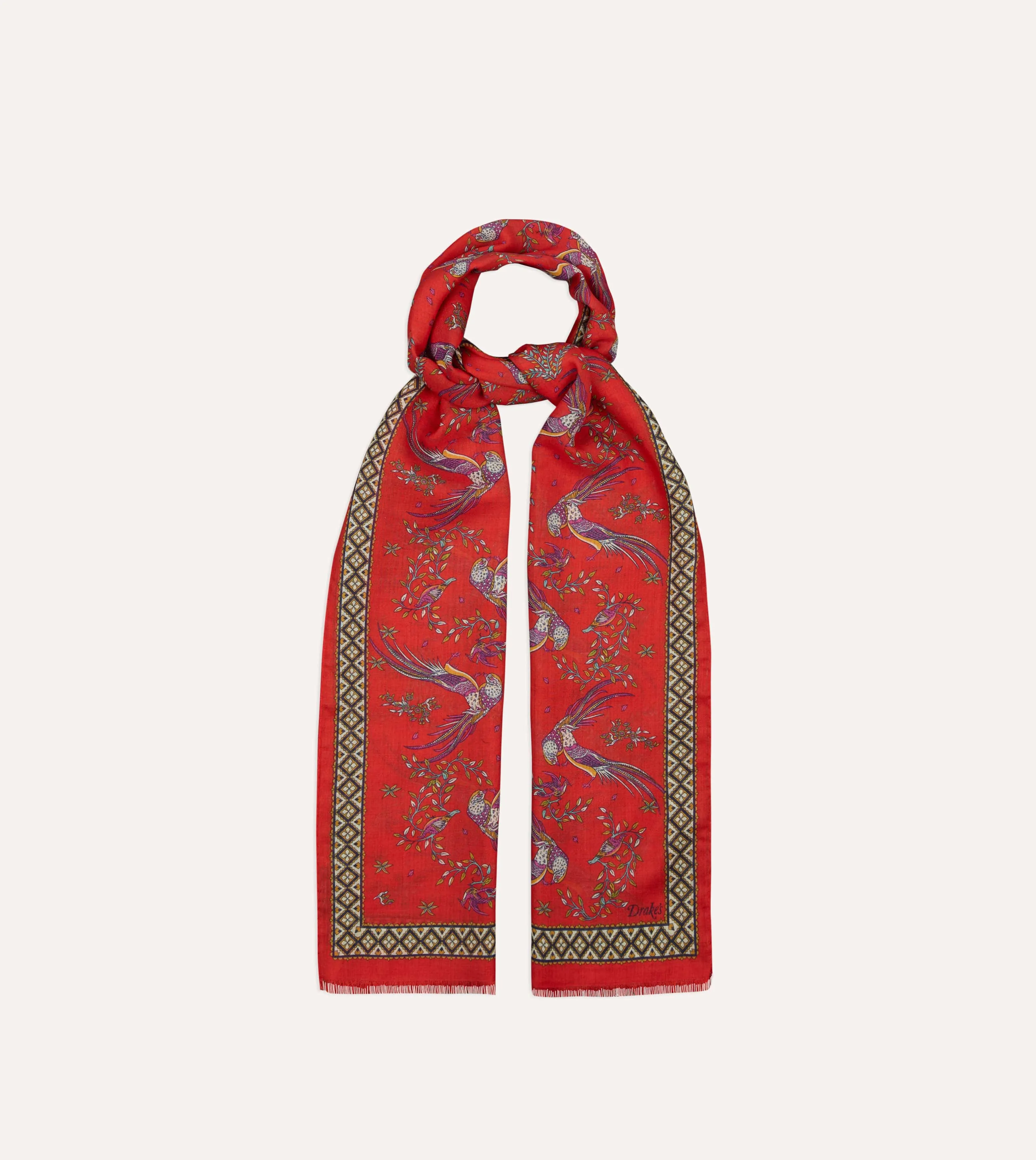 Red Birds of Paradise Print Wool Silk Scarf sold by Drake's London product image thumbnail 4