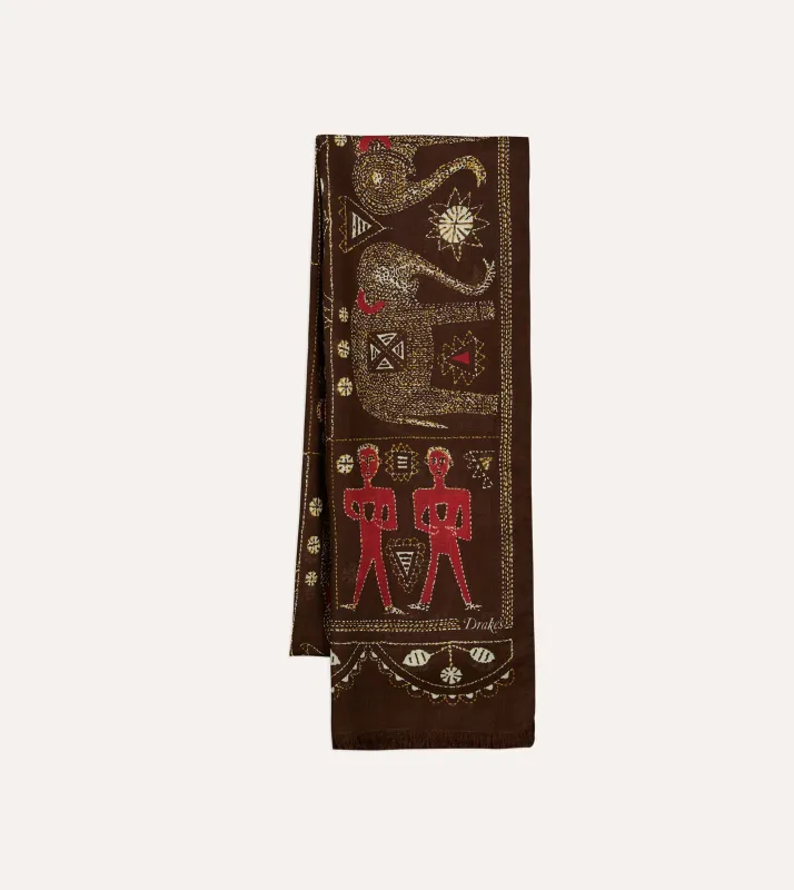 Brown Embroidered Elephant Print Wool Silk Scarf sold by Drake's London