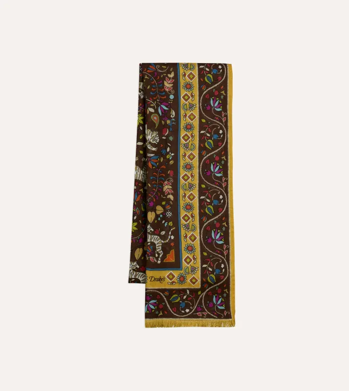Brown Tiger Garden Print Wool Silk Scarf sold by Drake's London