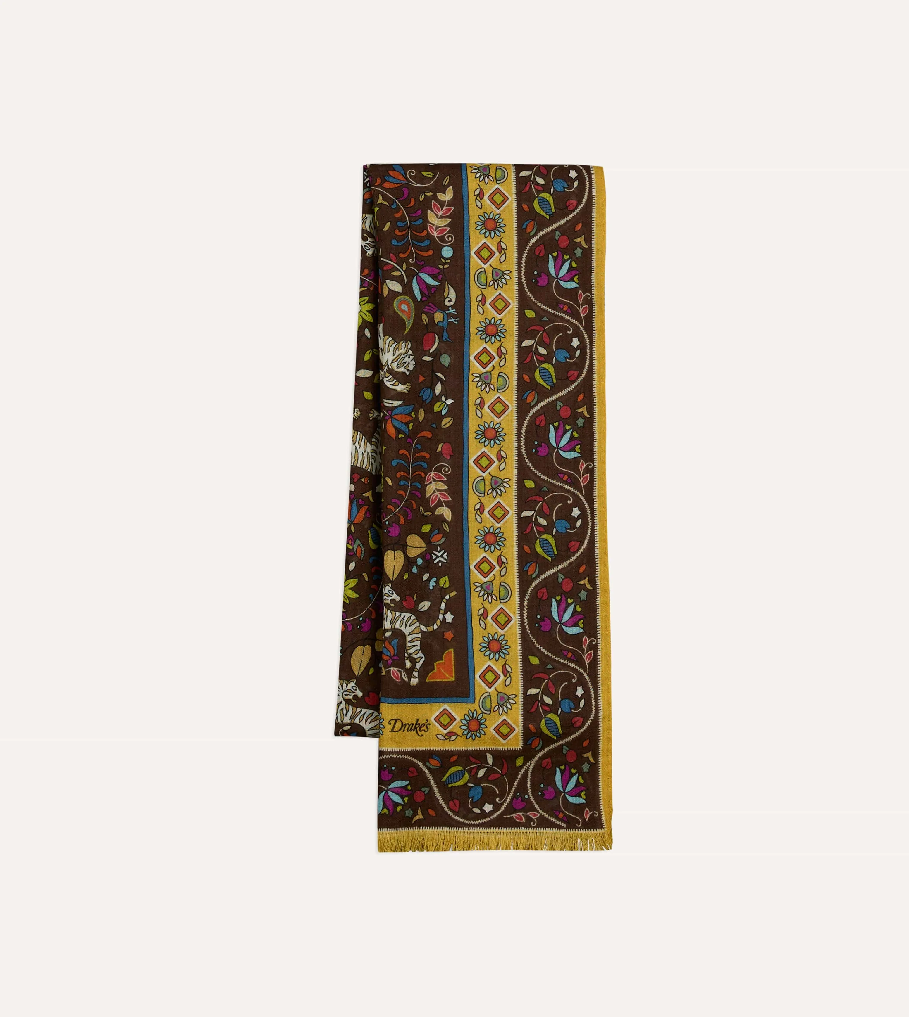 Brown Tiger Garden Print Wool Silk Scarf sold by Drake's London