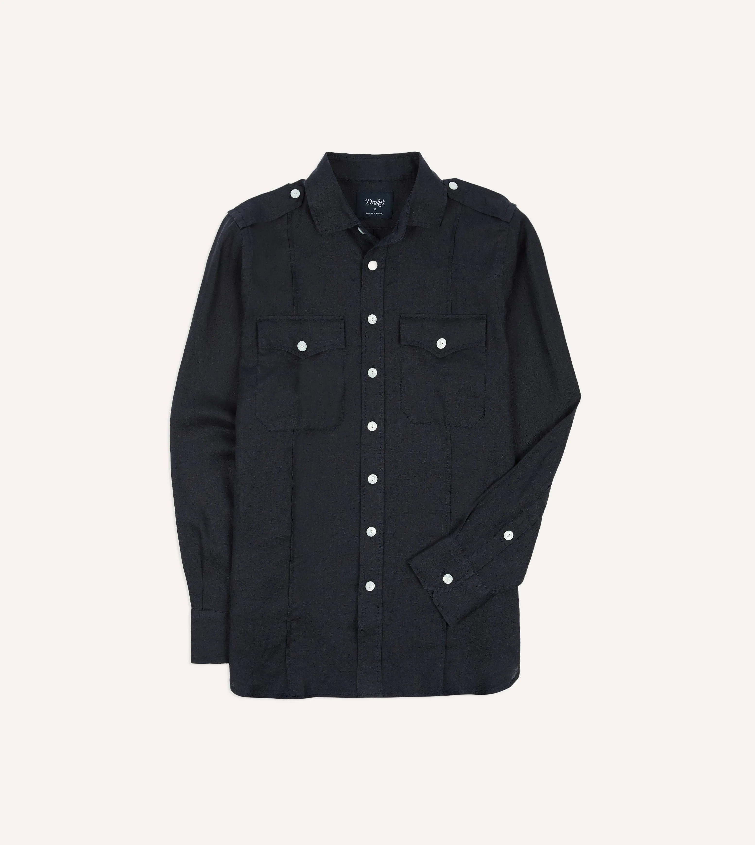Navy Linen Pintuck Military Shirt sold by Drake's London