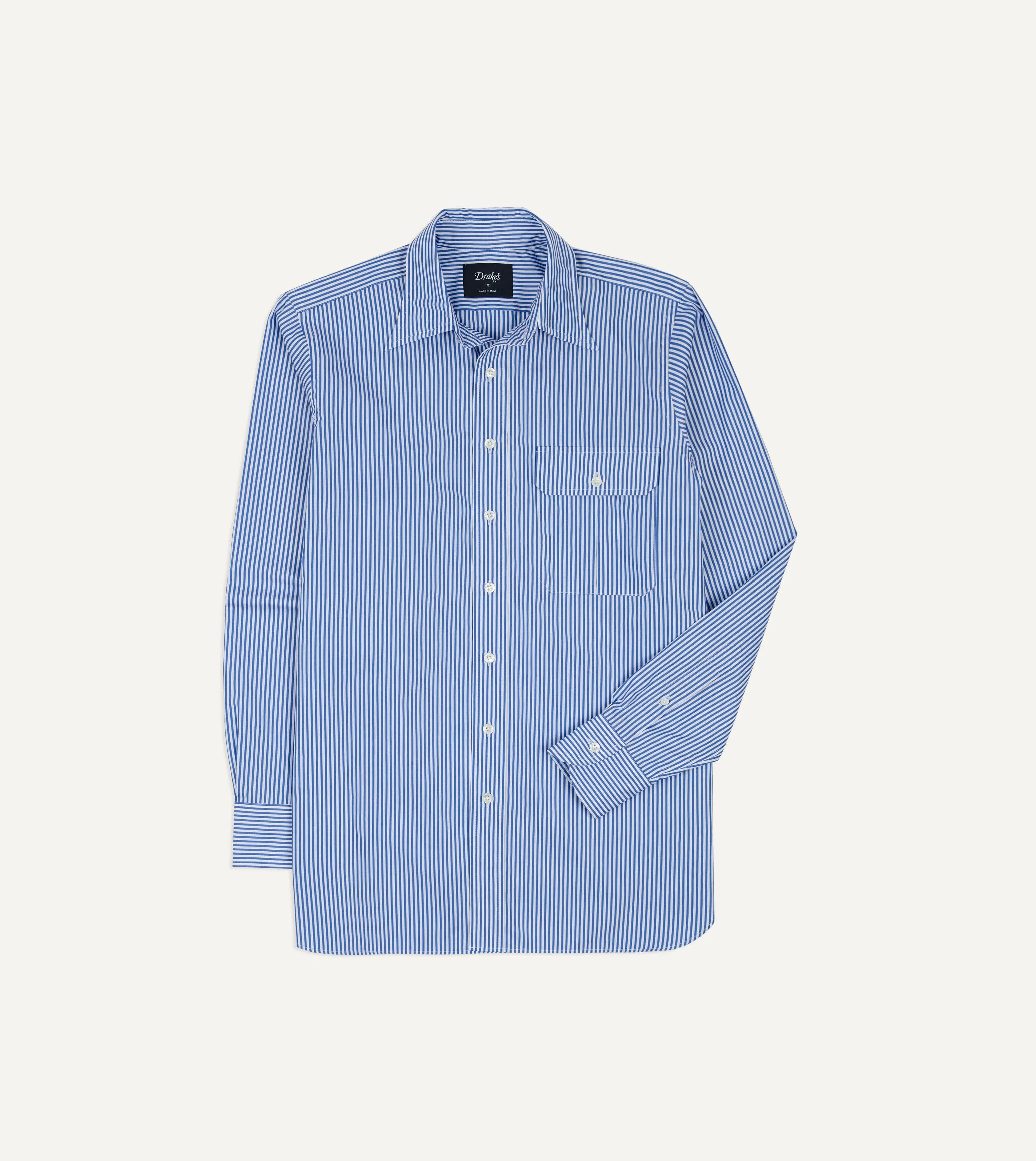 Blue and White Stripe Long Point Collar Flap Pocket Poplin Shirt sold by Drake's London