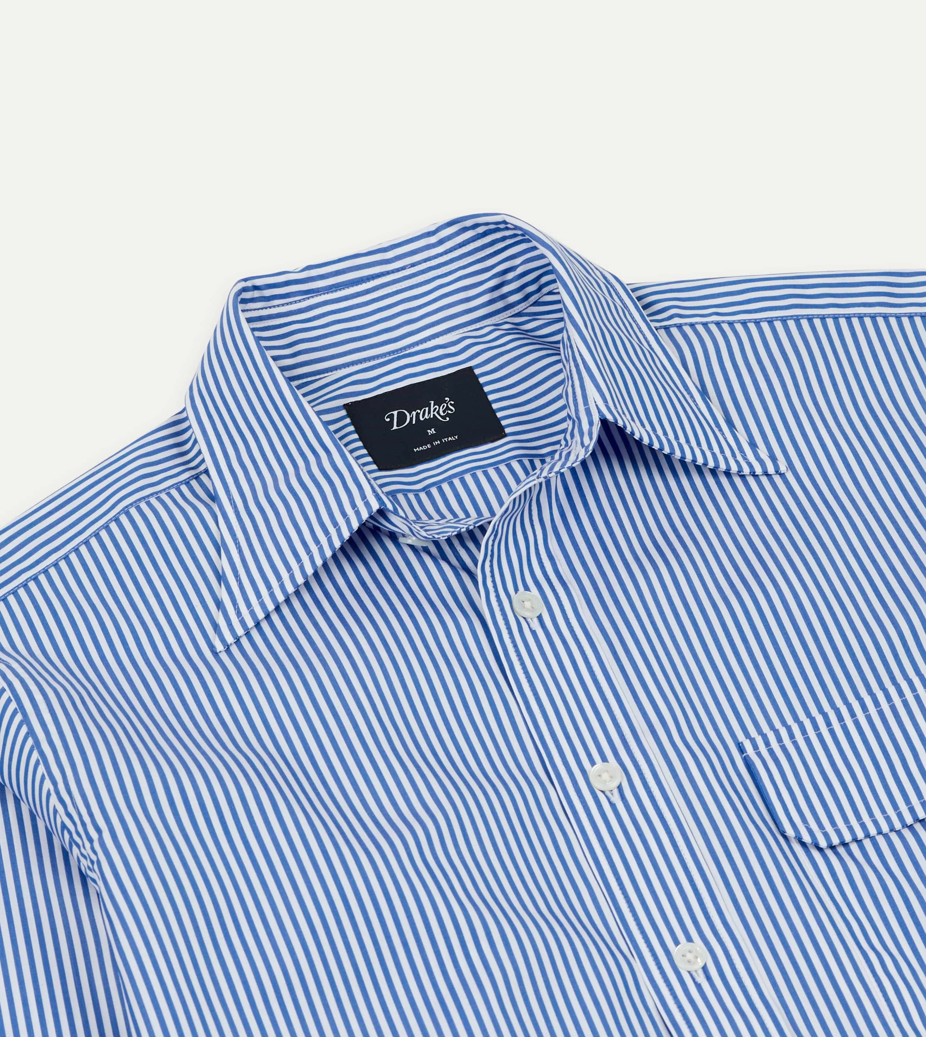 Blue and White Stripe Long Point Collar Flap Pocket Poplin Shirt sold by Drake's London product image thumbnail 3