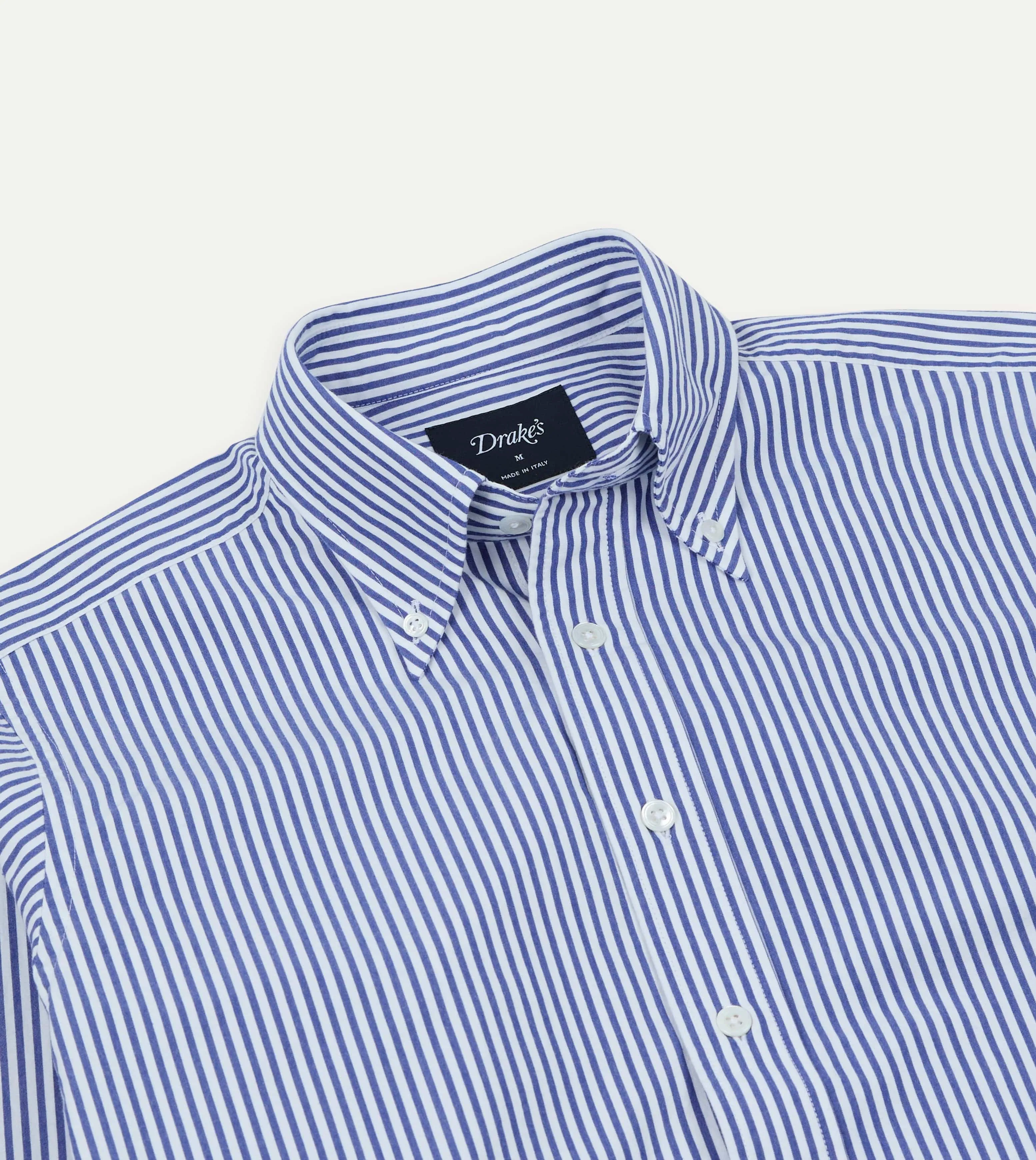 Blue and White Stripe Button-Down Collar Fob Pocket Shirt sold by Drake's London product image thumbnail 3