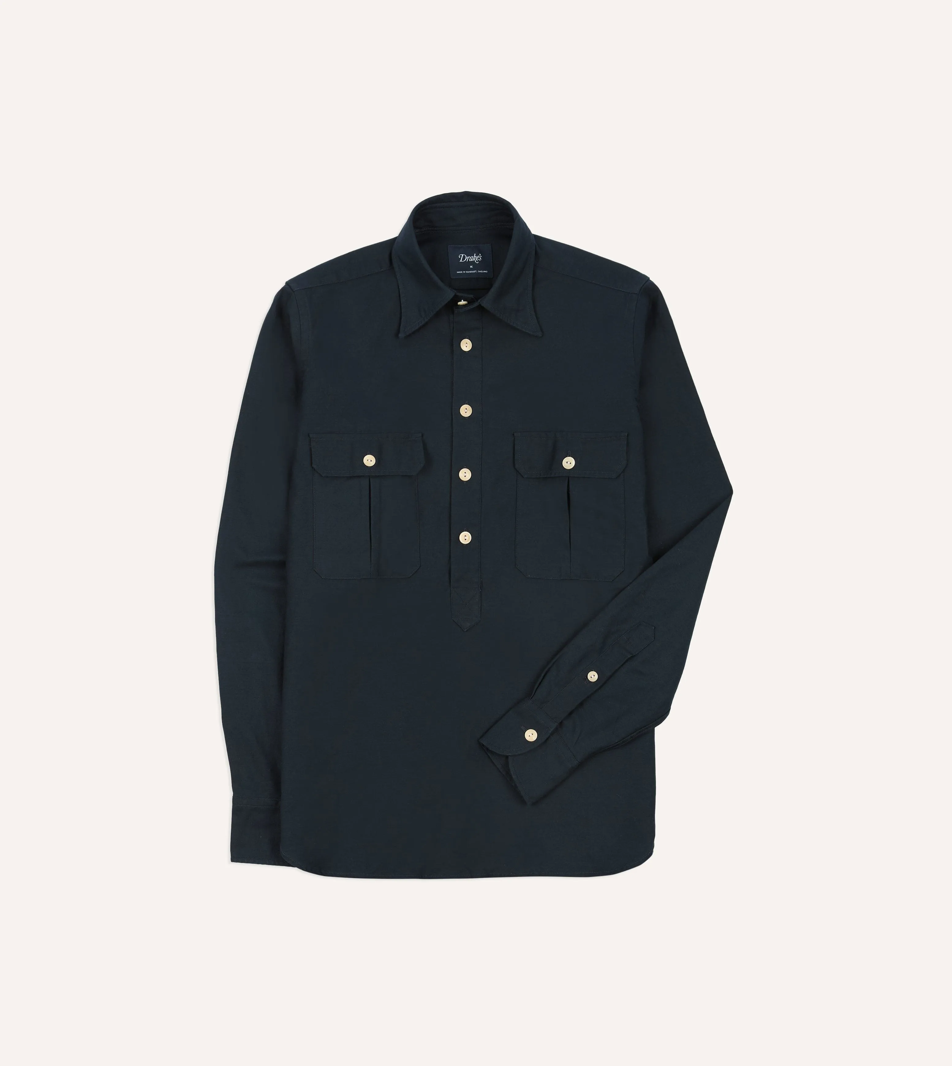 Navy Satin Cotton Popover Work Shirt sold by Drake's London