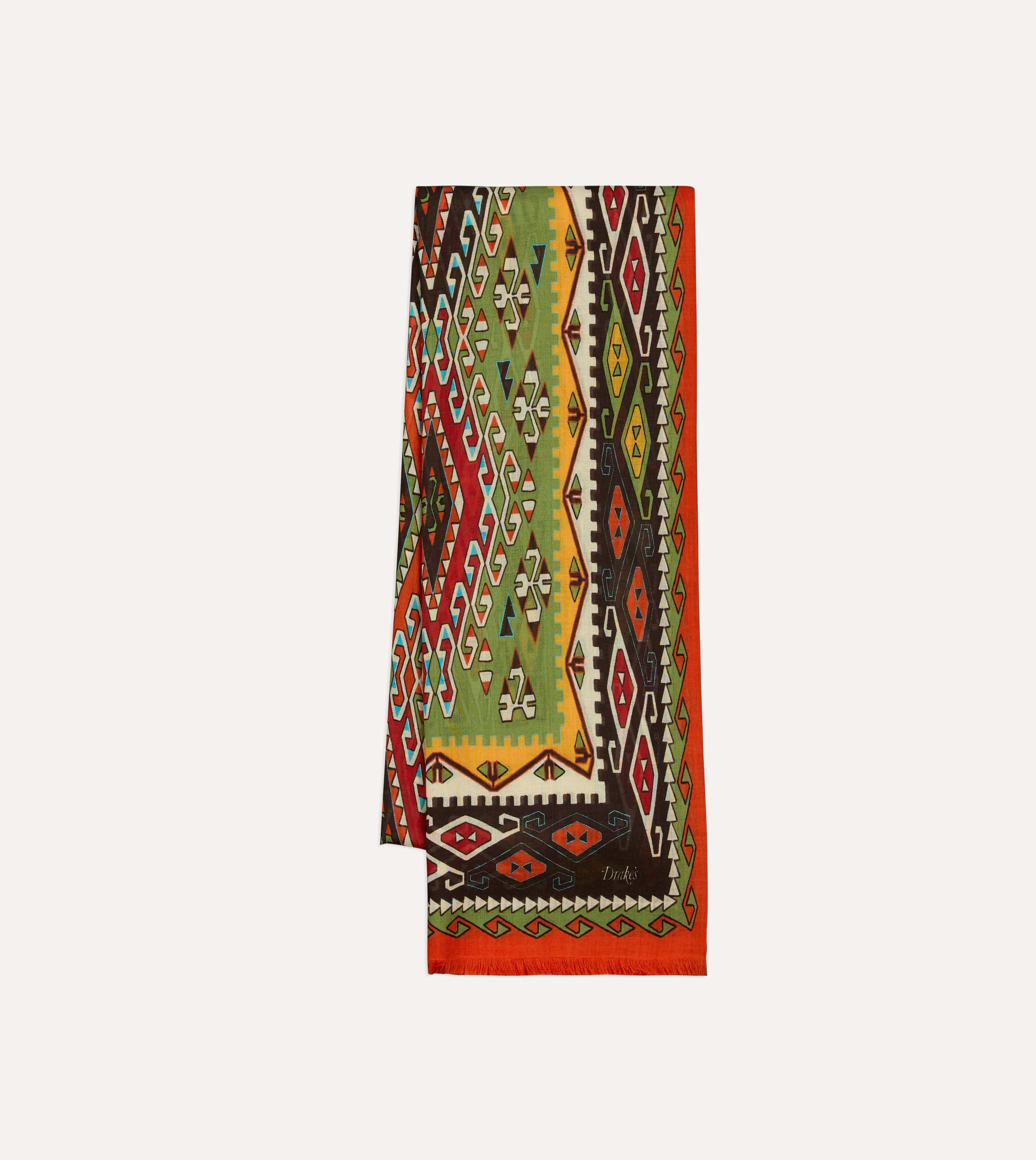 Red Kilim Print Tubular Wool Silk Scarf sold by Drake's London