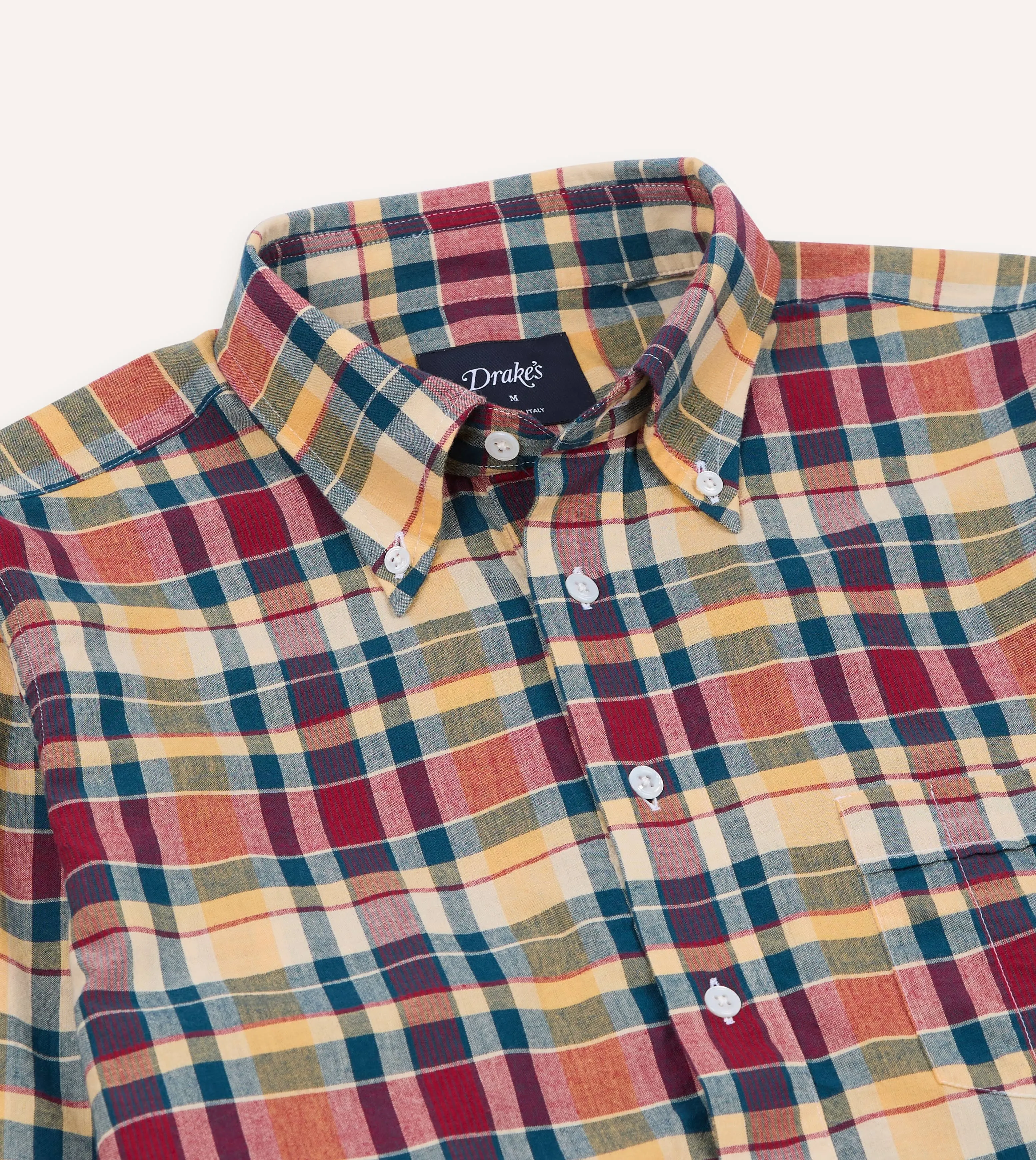 Navy, Yellow and Red Madras Check Cotton Button-Down Popover Shirt sold by Drake's London product image thumbnail 5