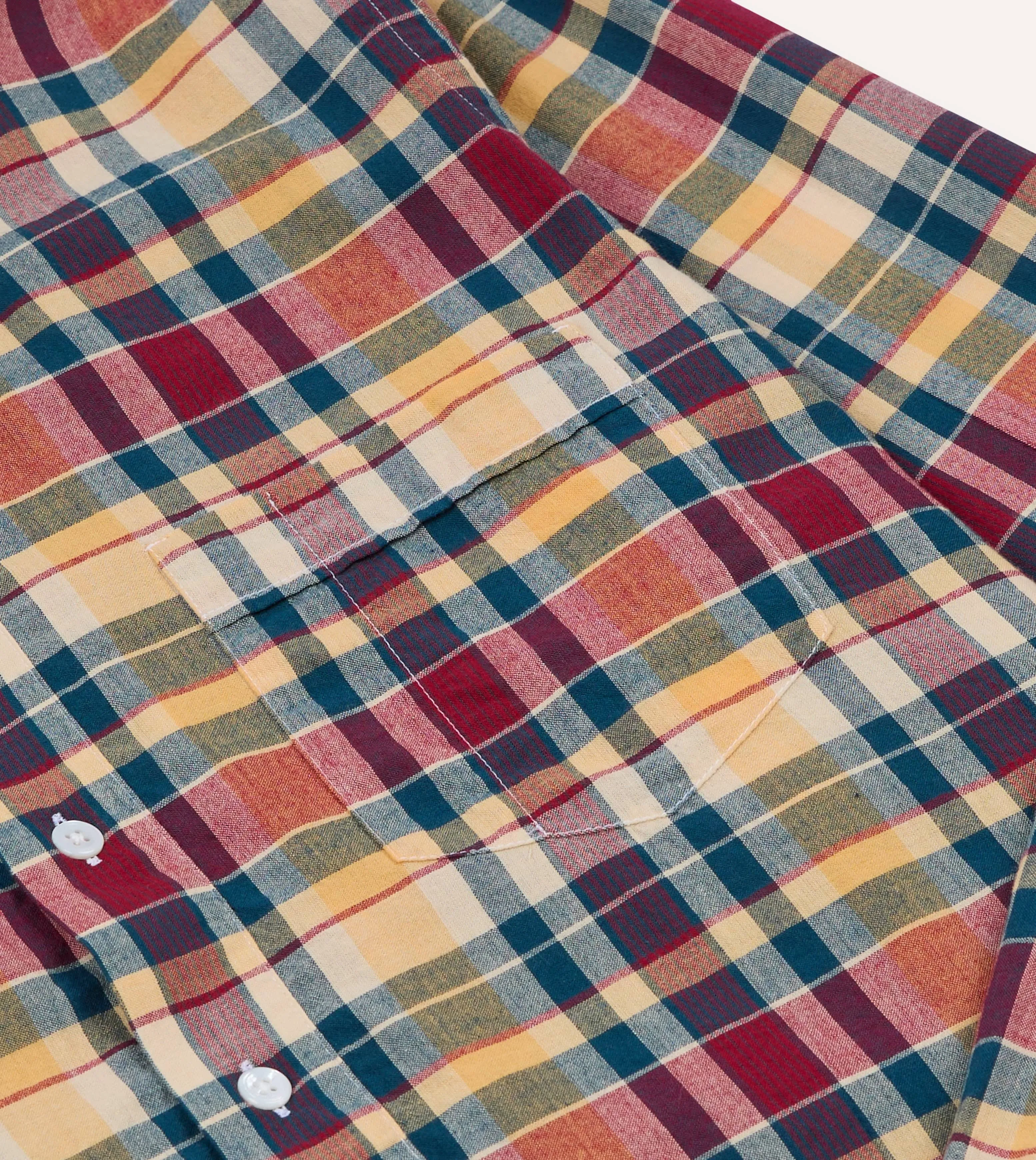 Navy, Yellow and Red Madras Check Cotton Button-Down Popover Shirt sold by Drake's London product image thumbnail 3