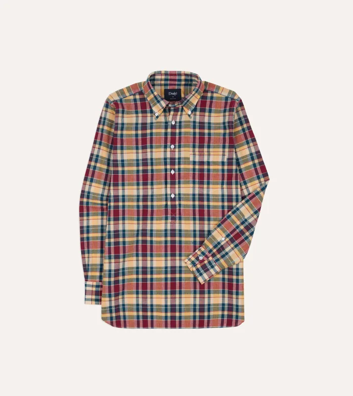 Navy, Yellow and Red Madras Check Cotton Button-Down Popover Shirt sold by Drake's London